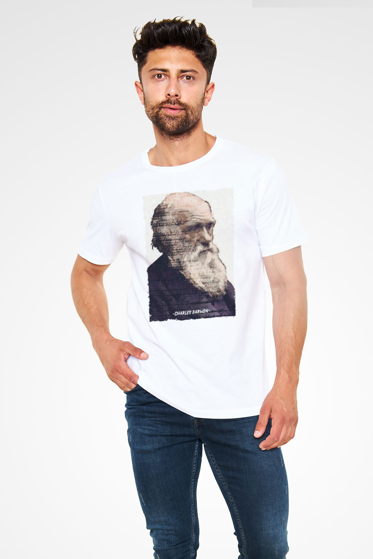 Charles Darwin Yazılı Portre Baskılı Unisex Beyaz Tişört - Tshirt