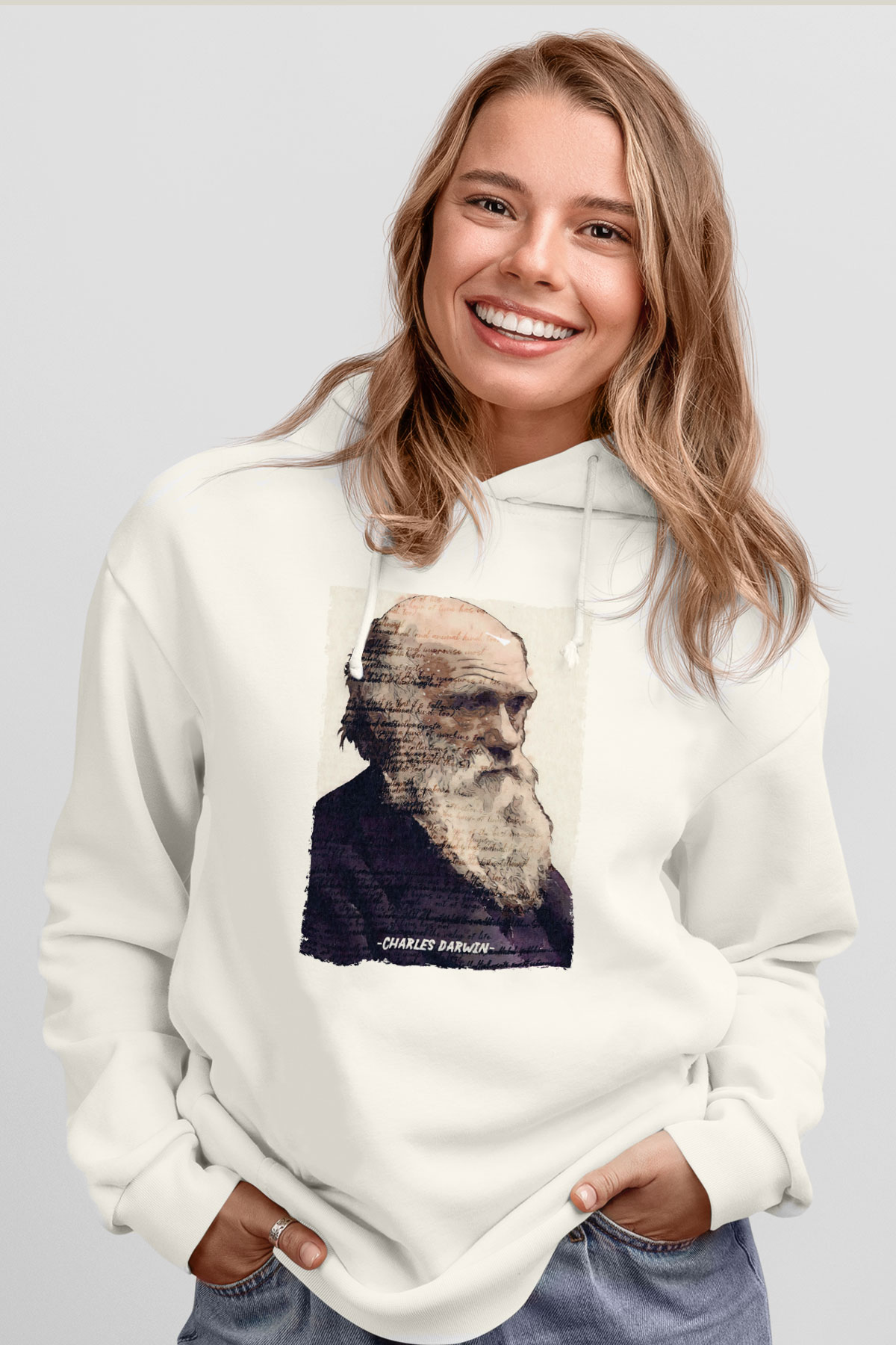 Charles Darwin Yazılı Portre Baskılı Unisex Ekru Hoodie
