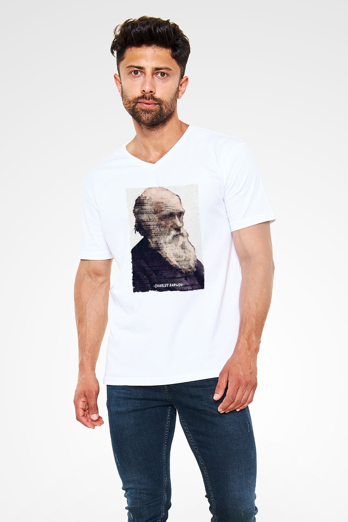 Charles Darwin Yazılı Portre Baskılı Unisex V Yaka Beyaz Tişört - Tshirt