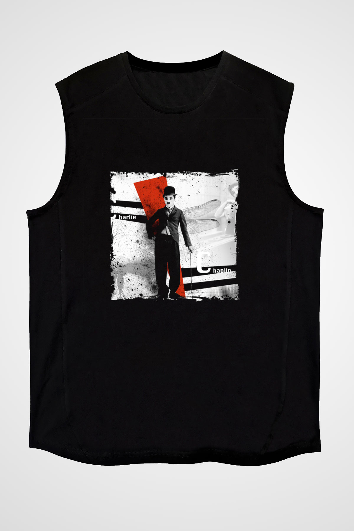 Charlie Chaplin Baskılı Unisex Siyah Kolsuz Tişört