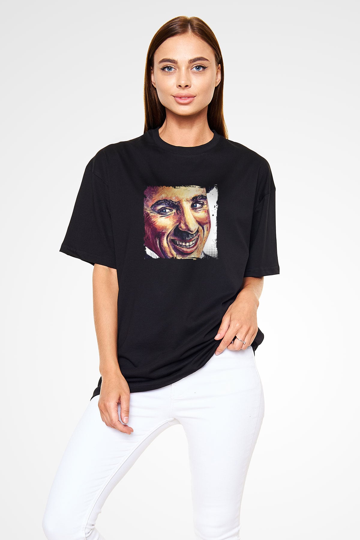 Charlie Chaplin Baskılı Unisex Siyah Oversize Tişört