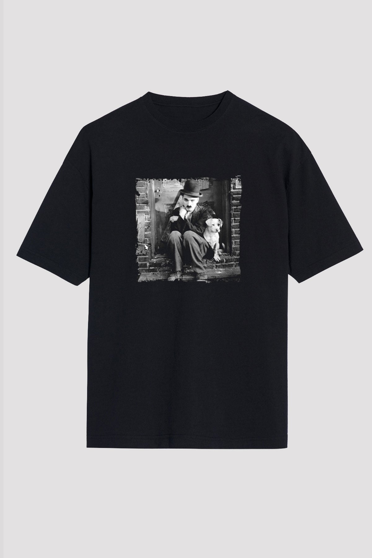 Charlie Chaplin Baskılı Unisex Siyah Oversize Tişört