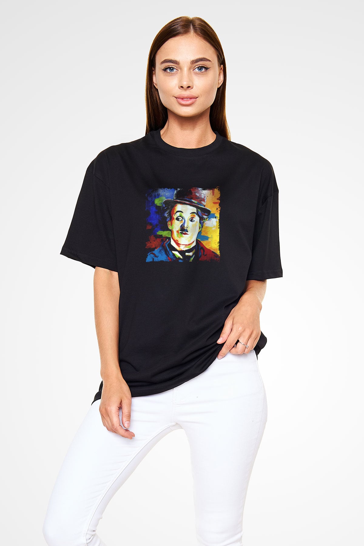 Charlie Chaplin Baskılı Unisex Siyah Oversize Tişört