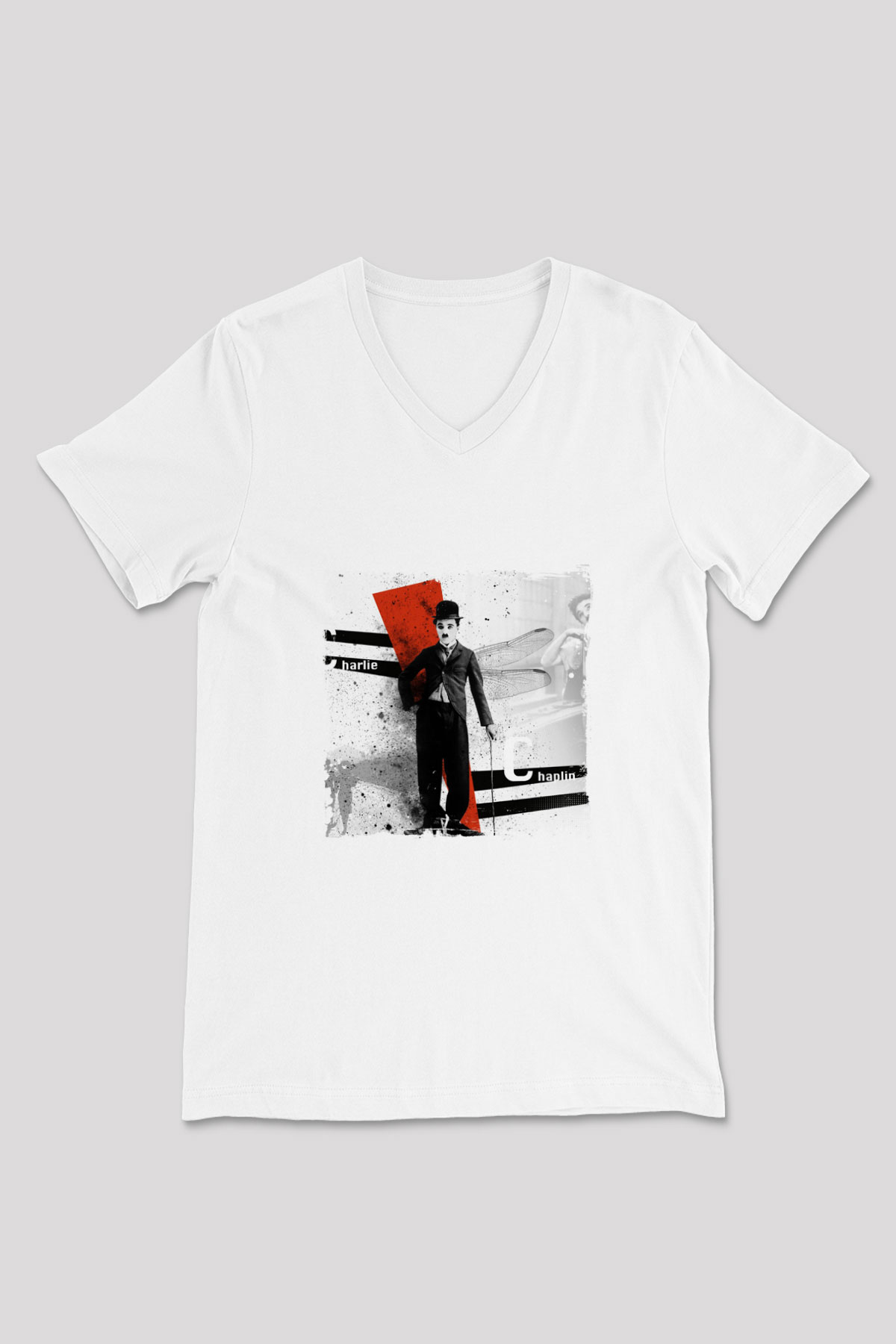 Charlie Chaplin Baskılı V Yaka Unisex Beyaz Tişört