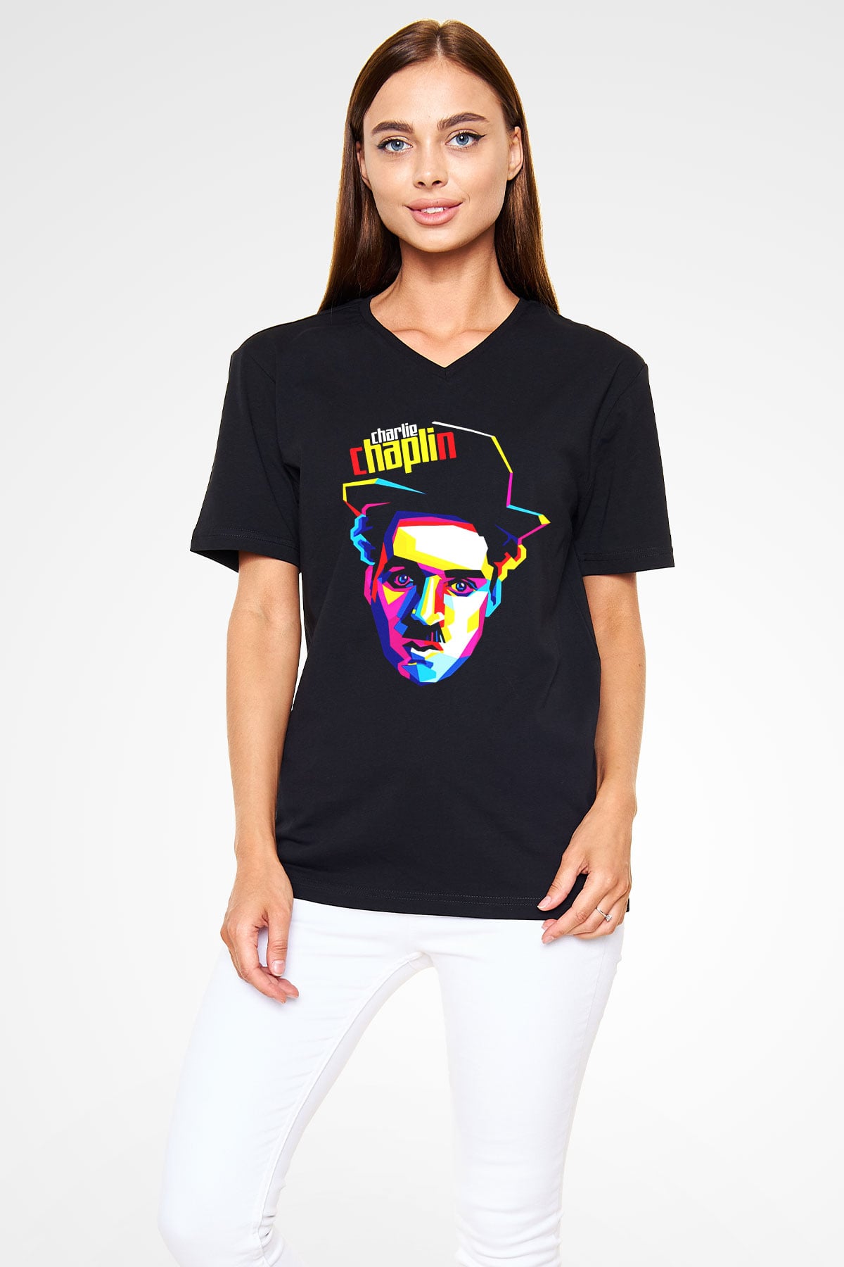 Charlie Chaplin Siyah Unisex V Yaka Tişört T-Shirt