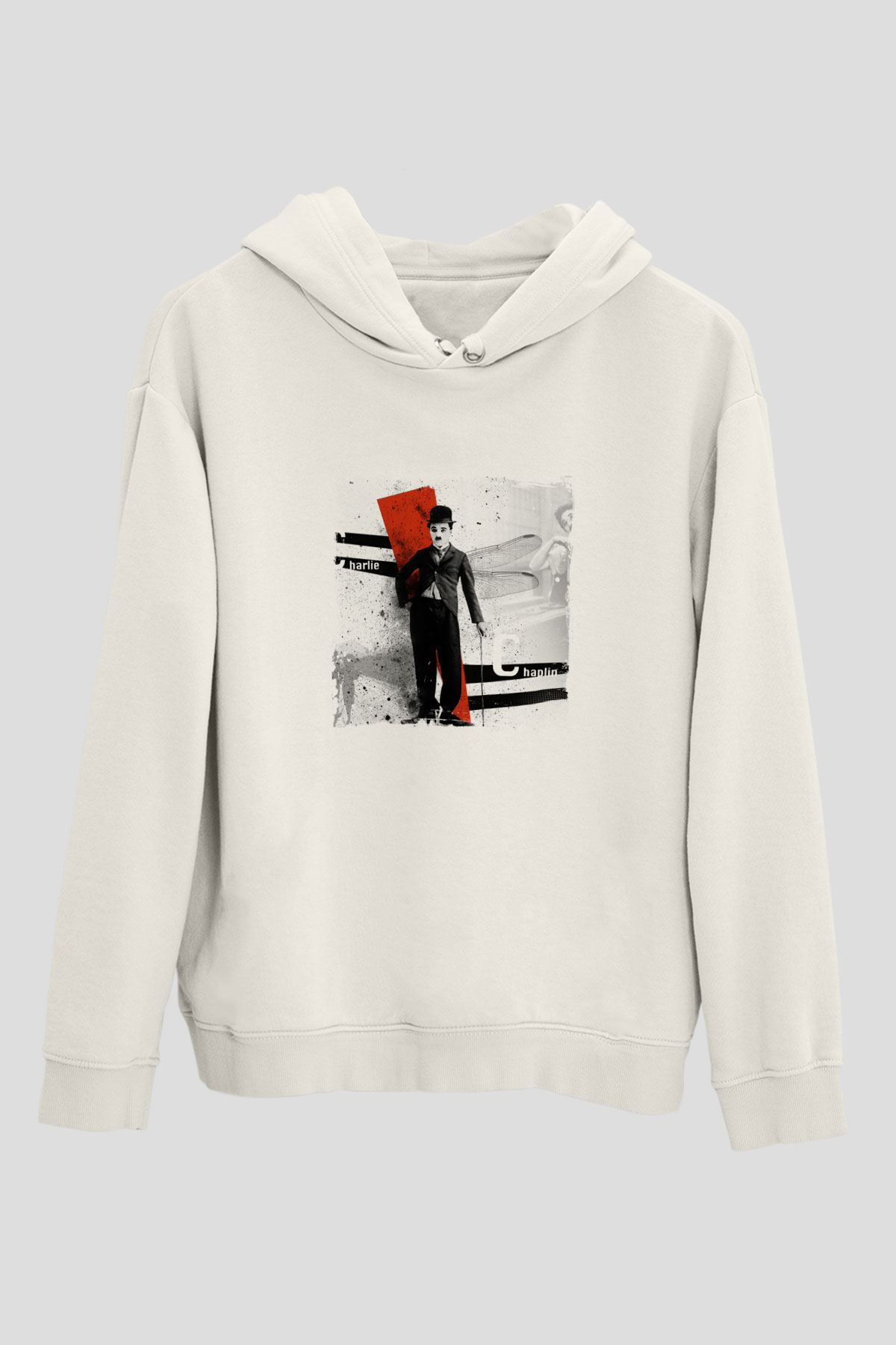 Charlie Chaplin Unisex Baskılı Beyaz Kapüşonlu Sweatshirt
