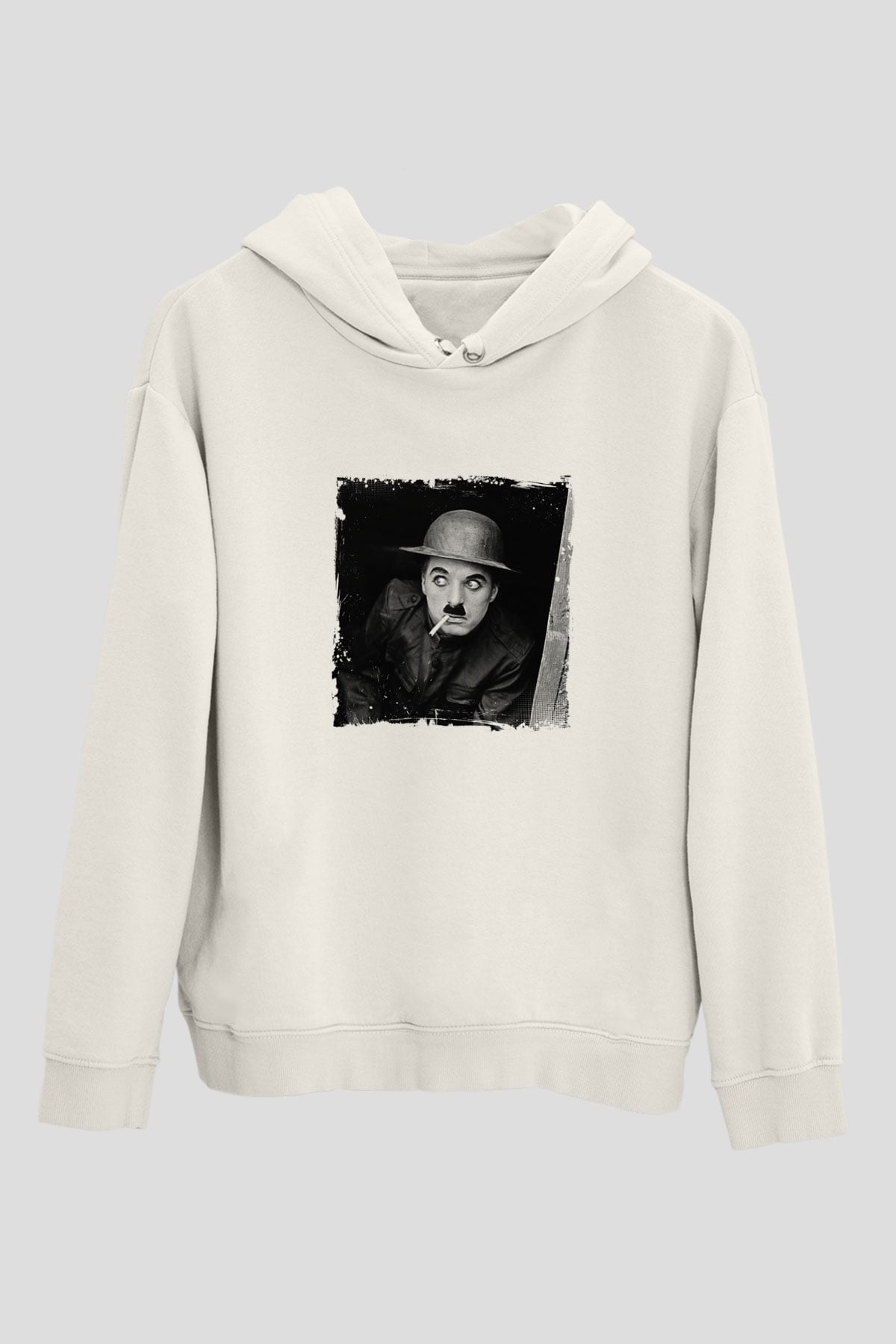 Charlie Chaplin Unisex Baskılı Beyaz Kapüşonlu Sweatshirt