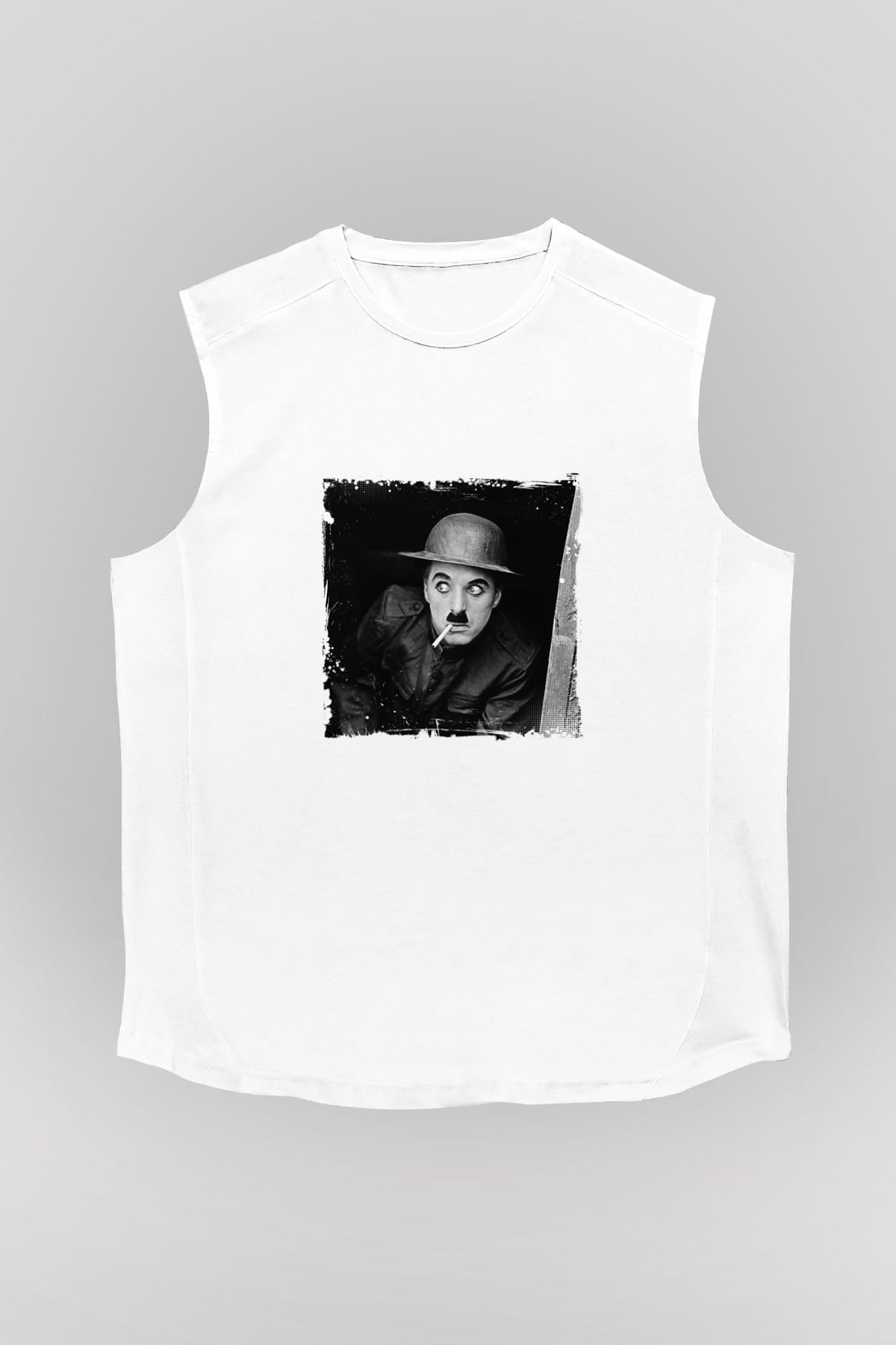 Charlie Chaplin Unisex Baskılı Beyaz Kolsuz Tişört
