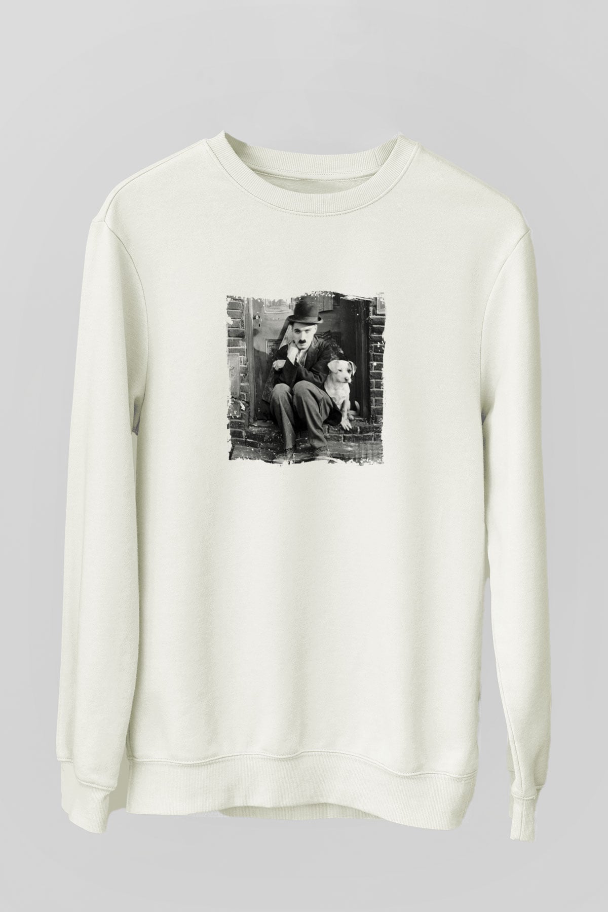 Charlie Chaplin Unisex Baskılı Beyaz Sweatshirt