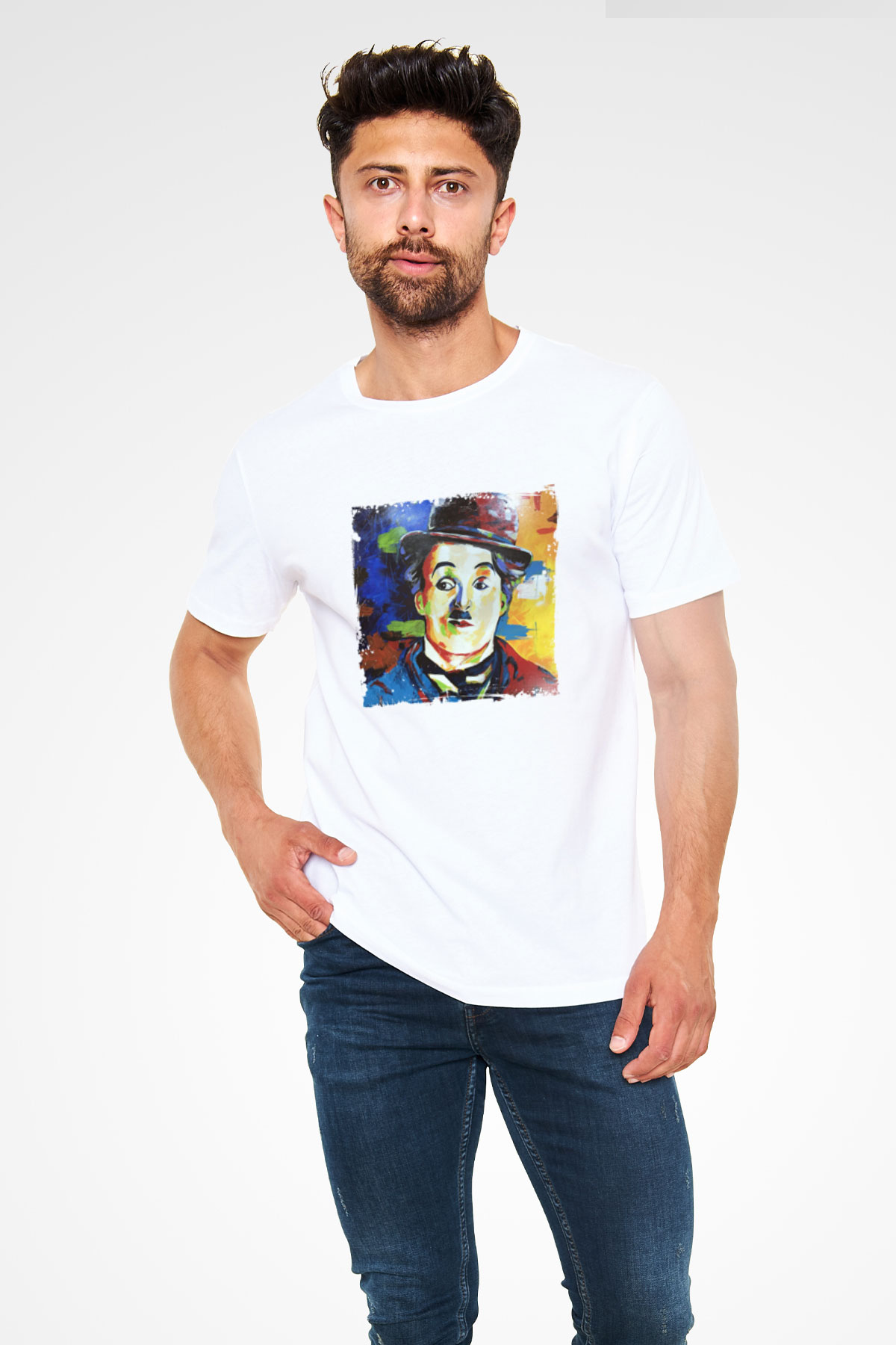 Charlie Chaplin Unisex Baskılı Beyaz Tişört