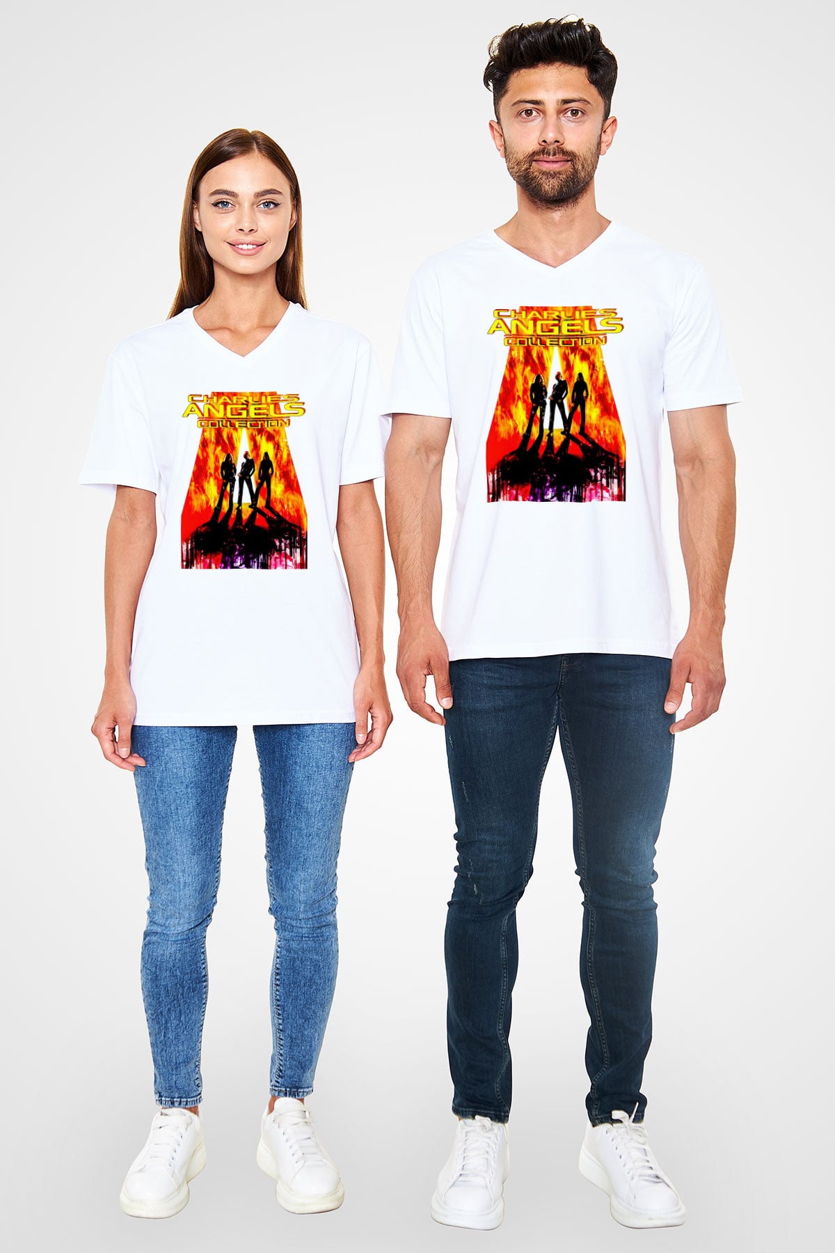 Charlies Angels Beyaz Unisex  V Yaka Tişört