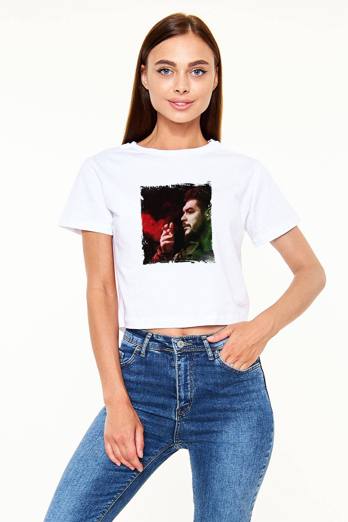 Che Guevara Baskılı Beyaz Kadın Crop Top Tişört