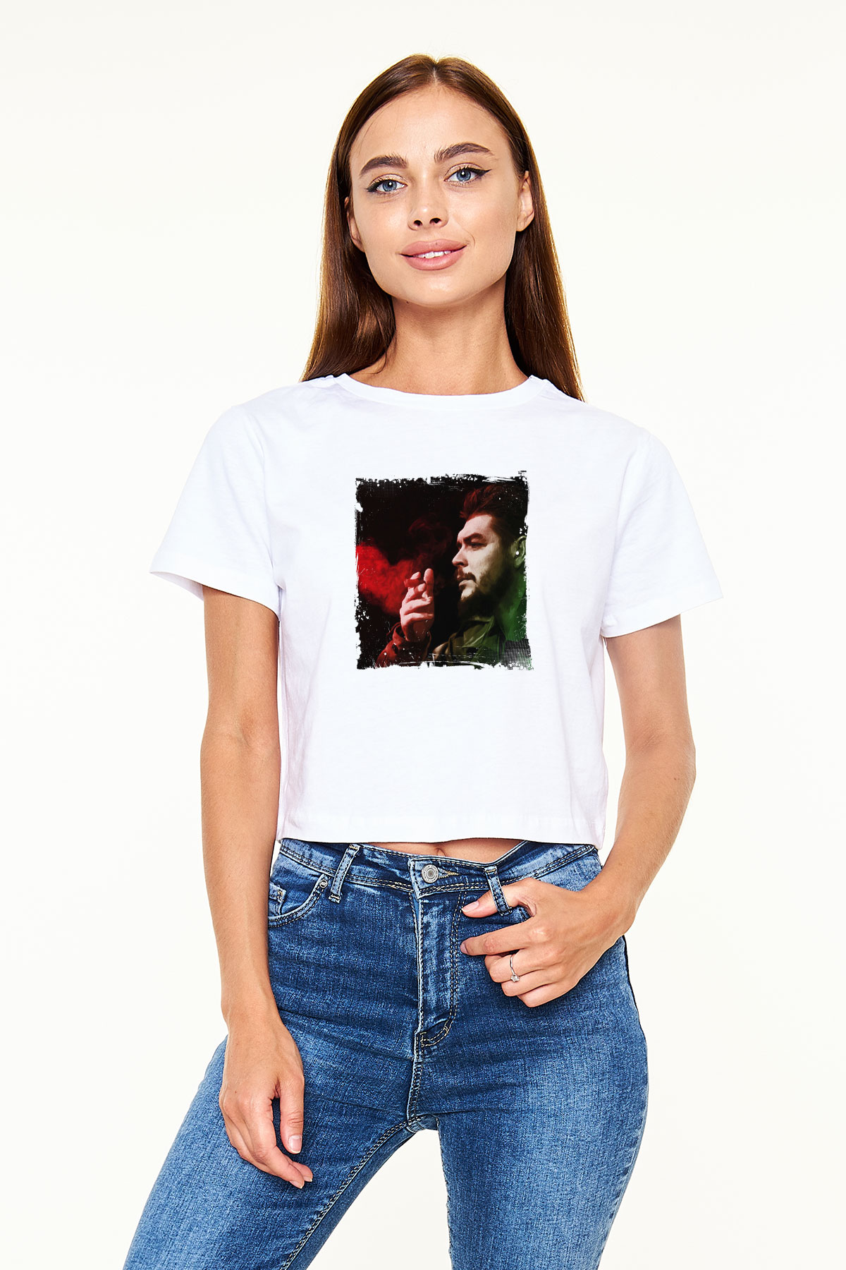 Che Guevara Baskılı Beyaz Kadın Crop Top Tişört