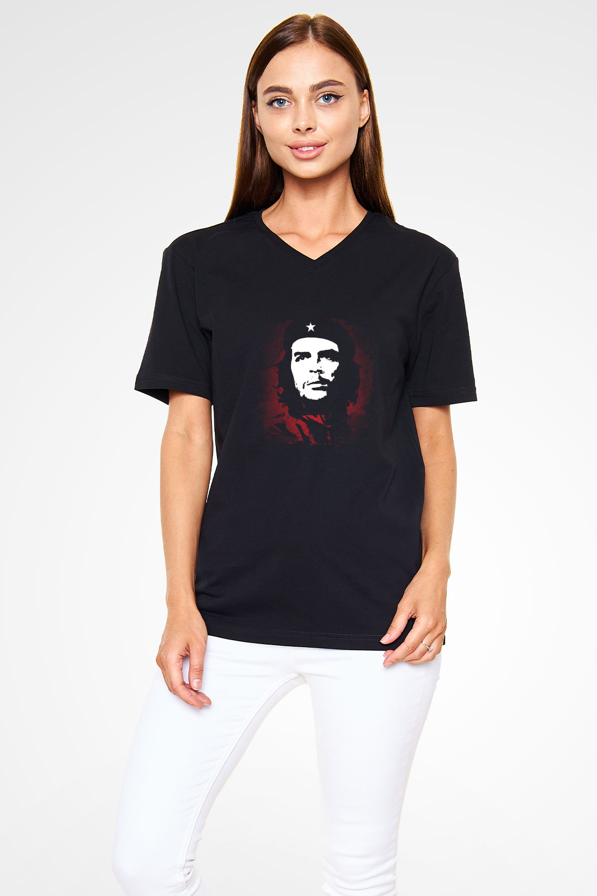 Che Guevara Baskılı Unisex Siyah V Yaka Tişört