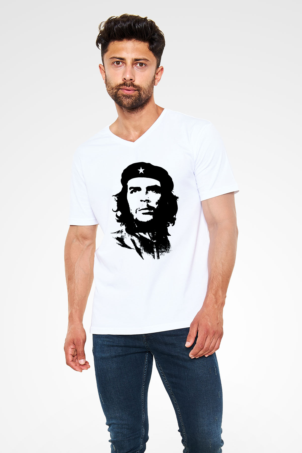 Che Guevara Beyaz Unisex V Yaka Tişört T-Shirt