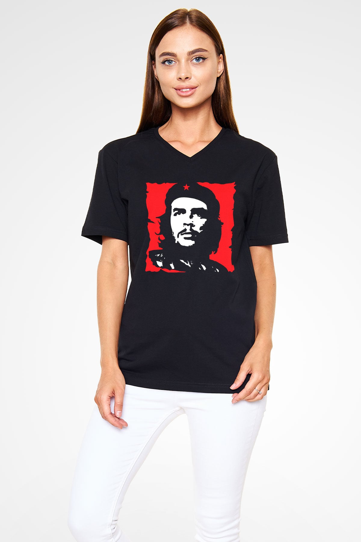 Che Guevara Siyah Unisex V Yaka Tişört T-Shirt