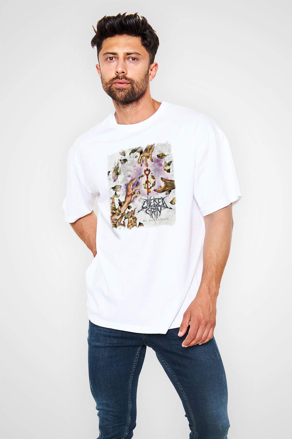 Chelsea Grin Baskılı Unisex Beyaz Oversize Tişört