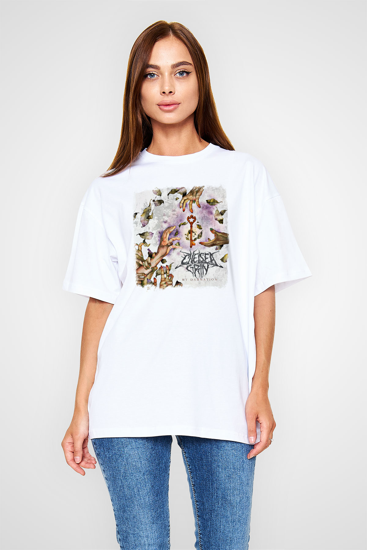 Chelsea Grin Baskılı Unisex Beyaz Oversize Tişört