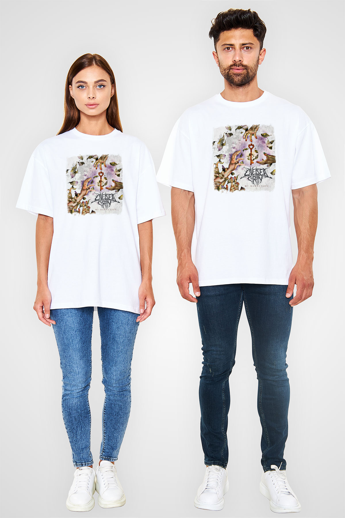 Chelsea Grin Baskılı Unisex Beyaz Oversize Tişört