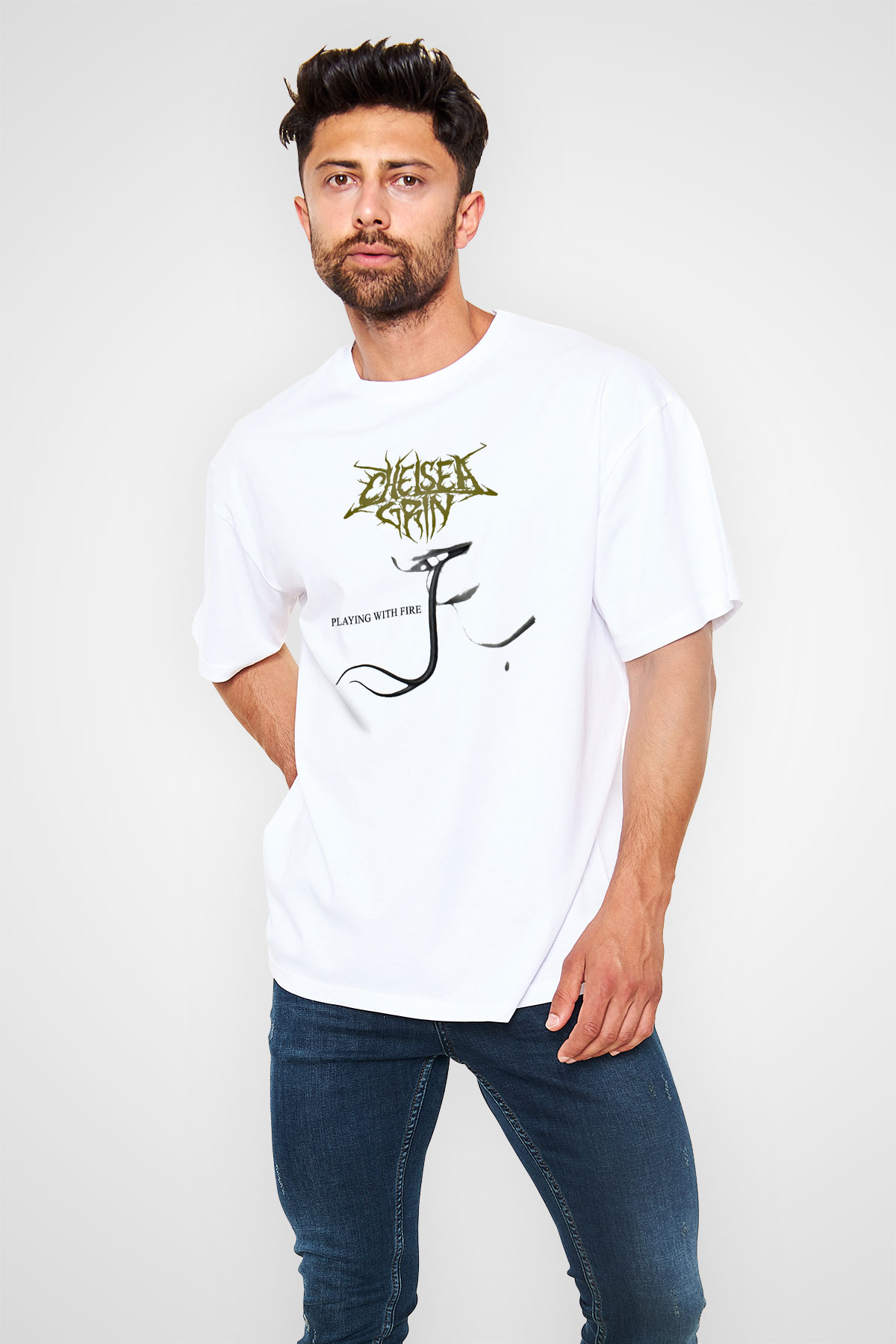 Chelsea Grin Baskılı Unisex Beyaz Oversize Tişört