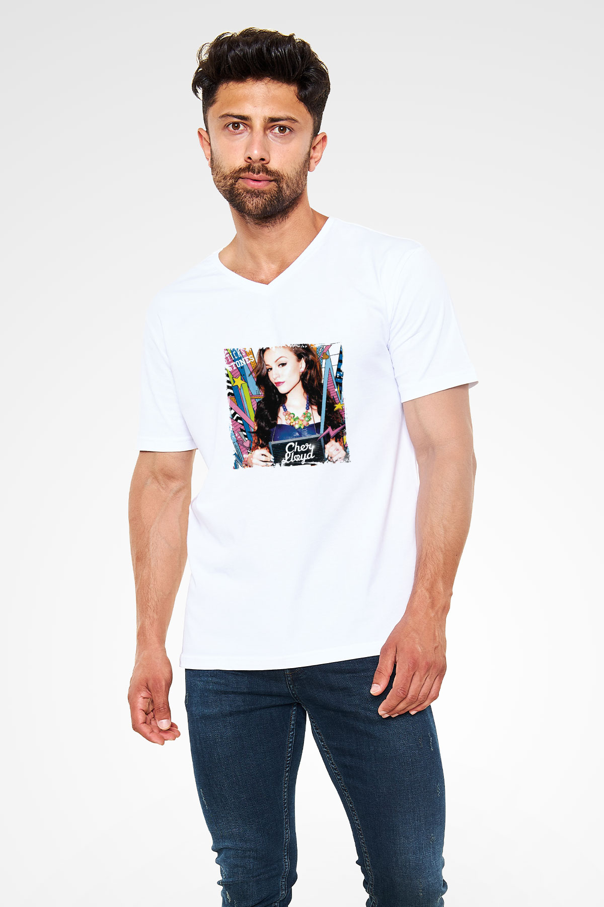 Cher Lloyd Baskılı Beyaz V Yaka Unisex Tişört
