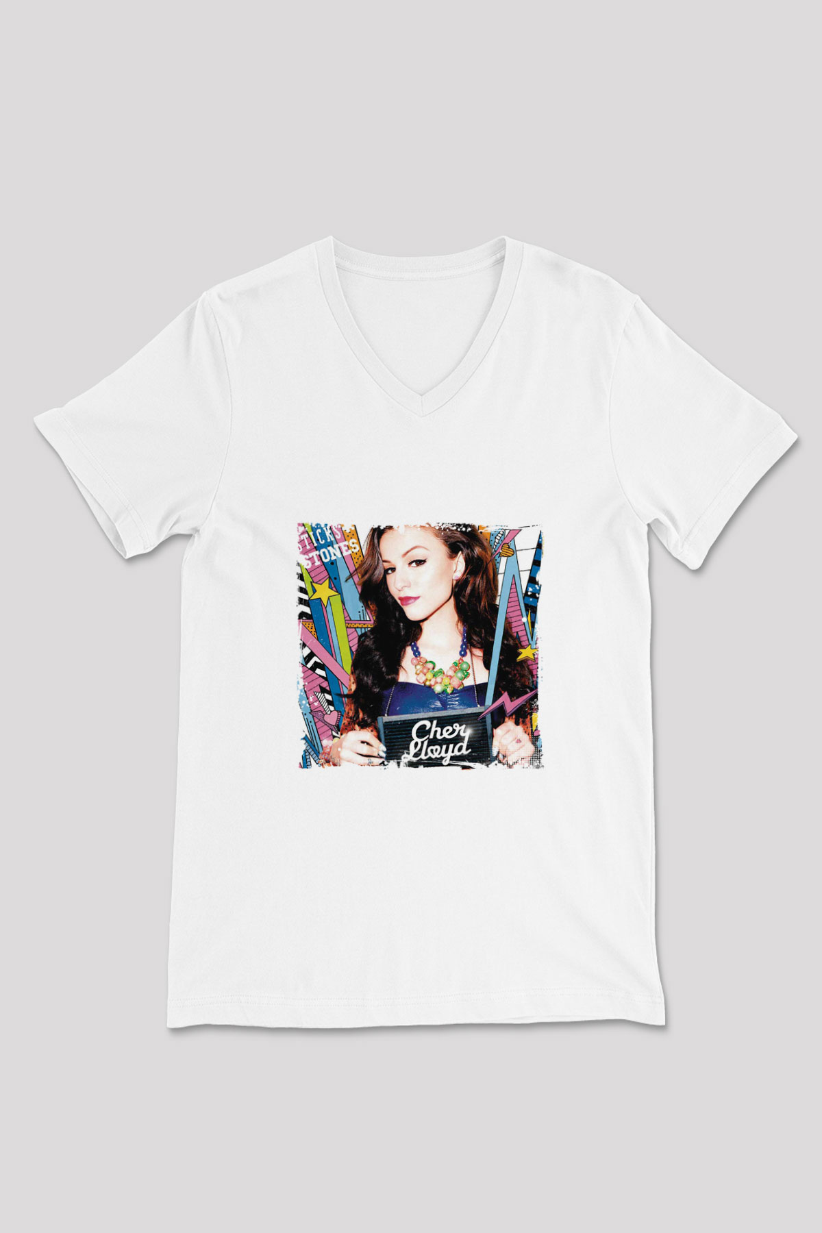 Cher Lloyd Baskılı Beyaz V Yaka Unisex Tişört