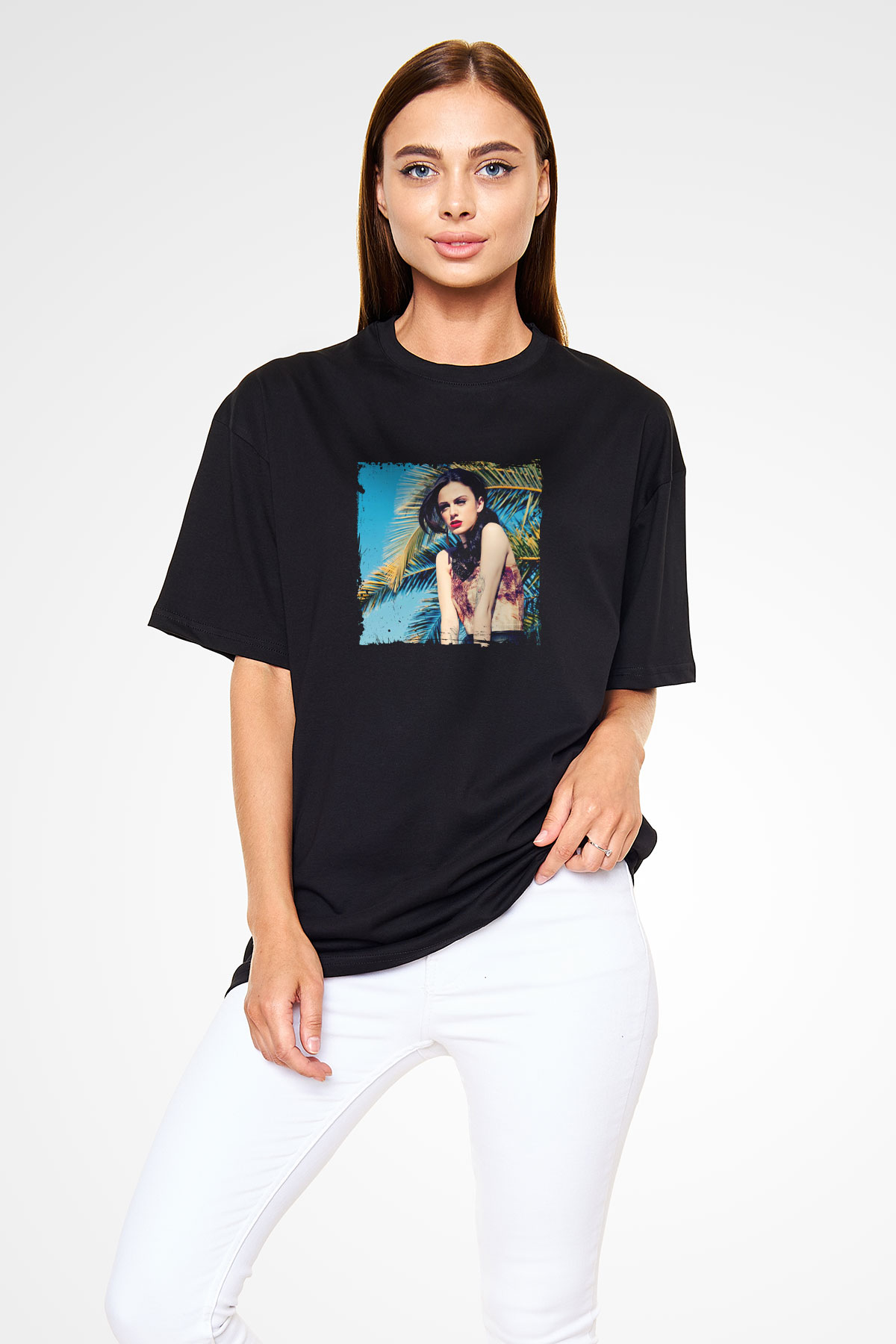 Cher Lloyd Baskılı Unisex Oversize Siyah Tişört