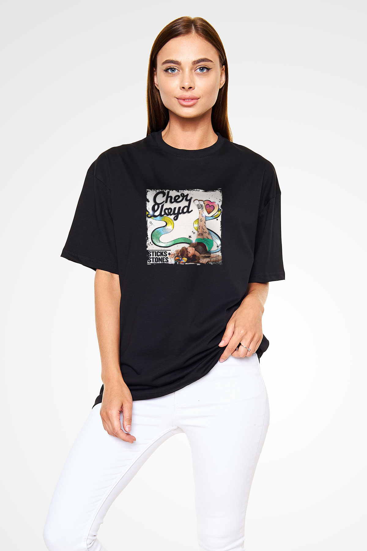 Cher Lloyd Baskılı Unisex Oversize Siyah Tişört
