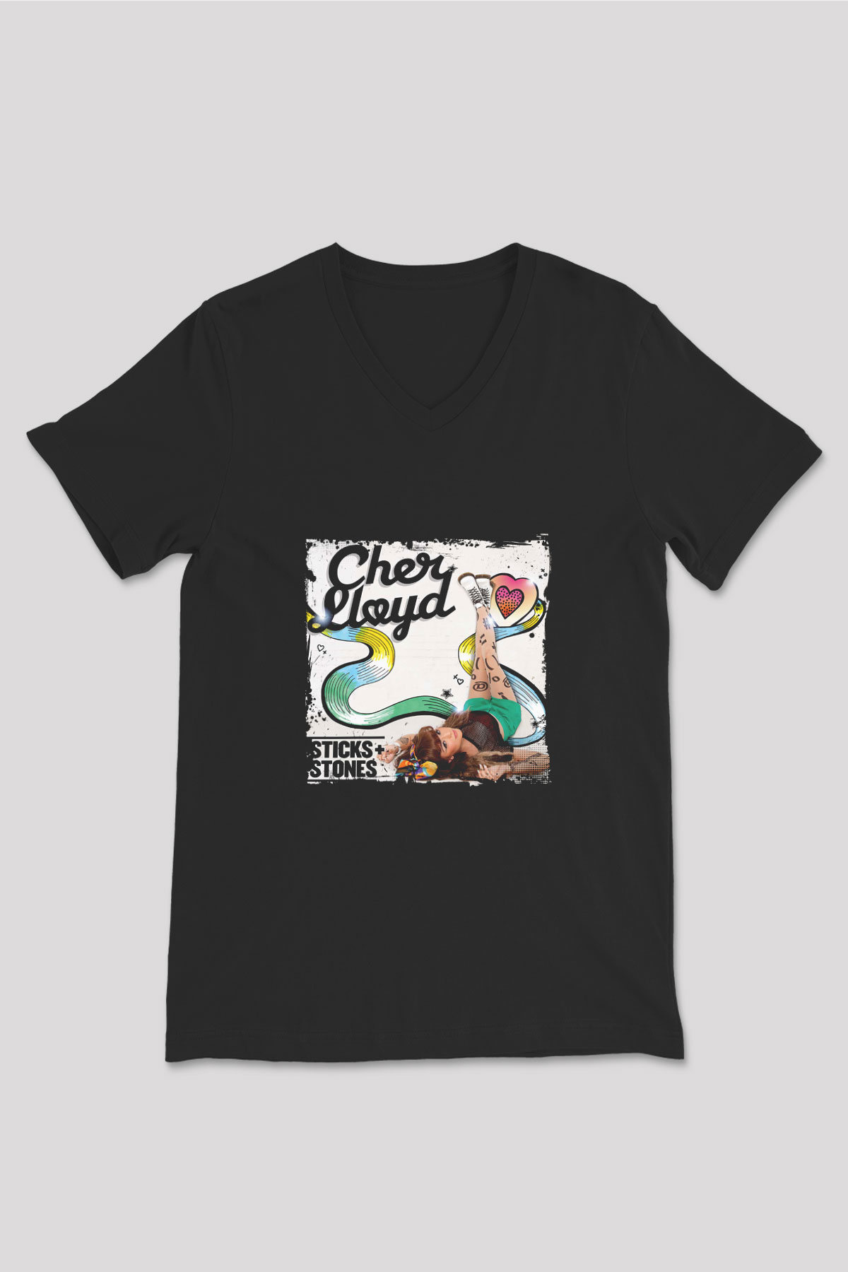 Cher Lloyd Baskılı Unisex Siyah V Yaka Tişört