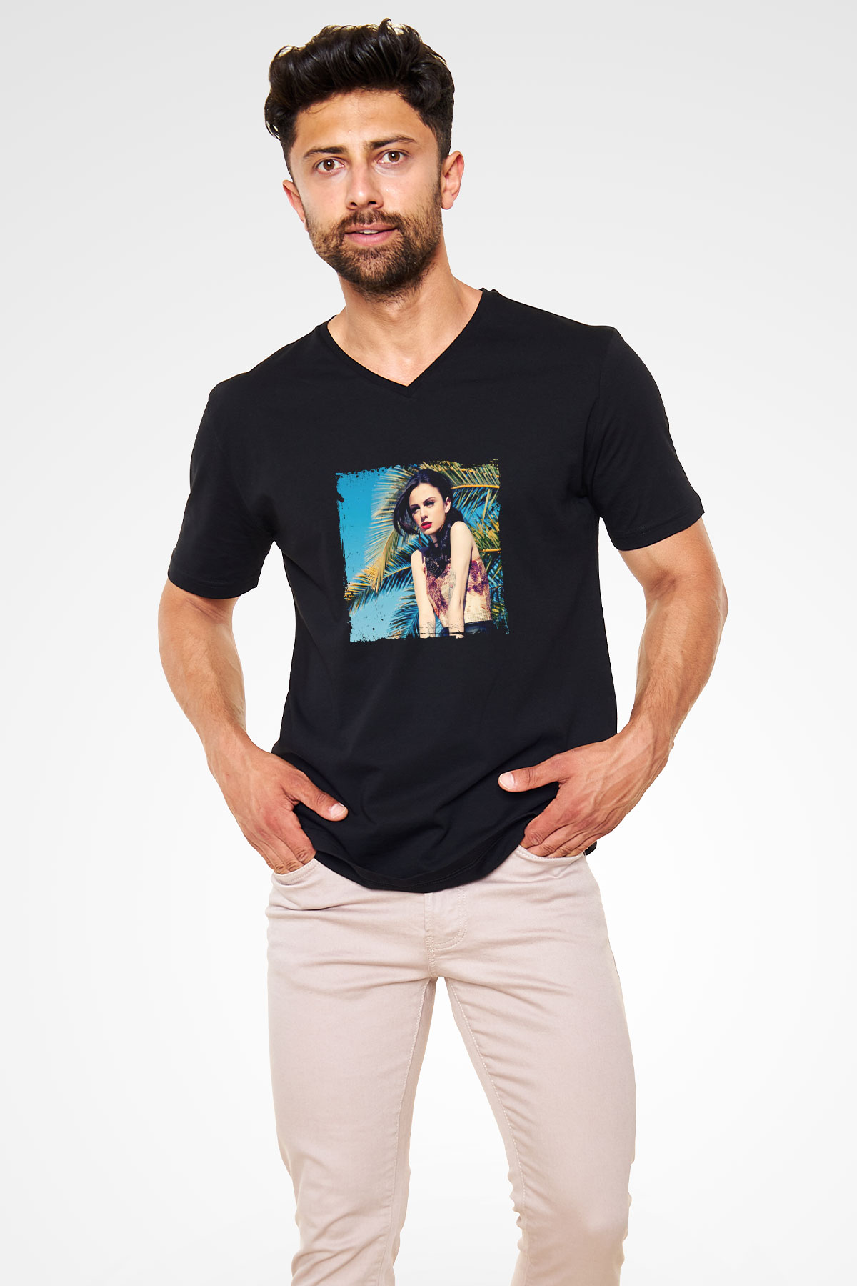 Cher Lloyd Baskılı Unisex Siyah V Yaka Tişört