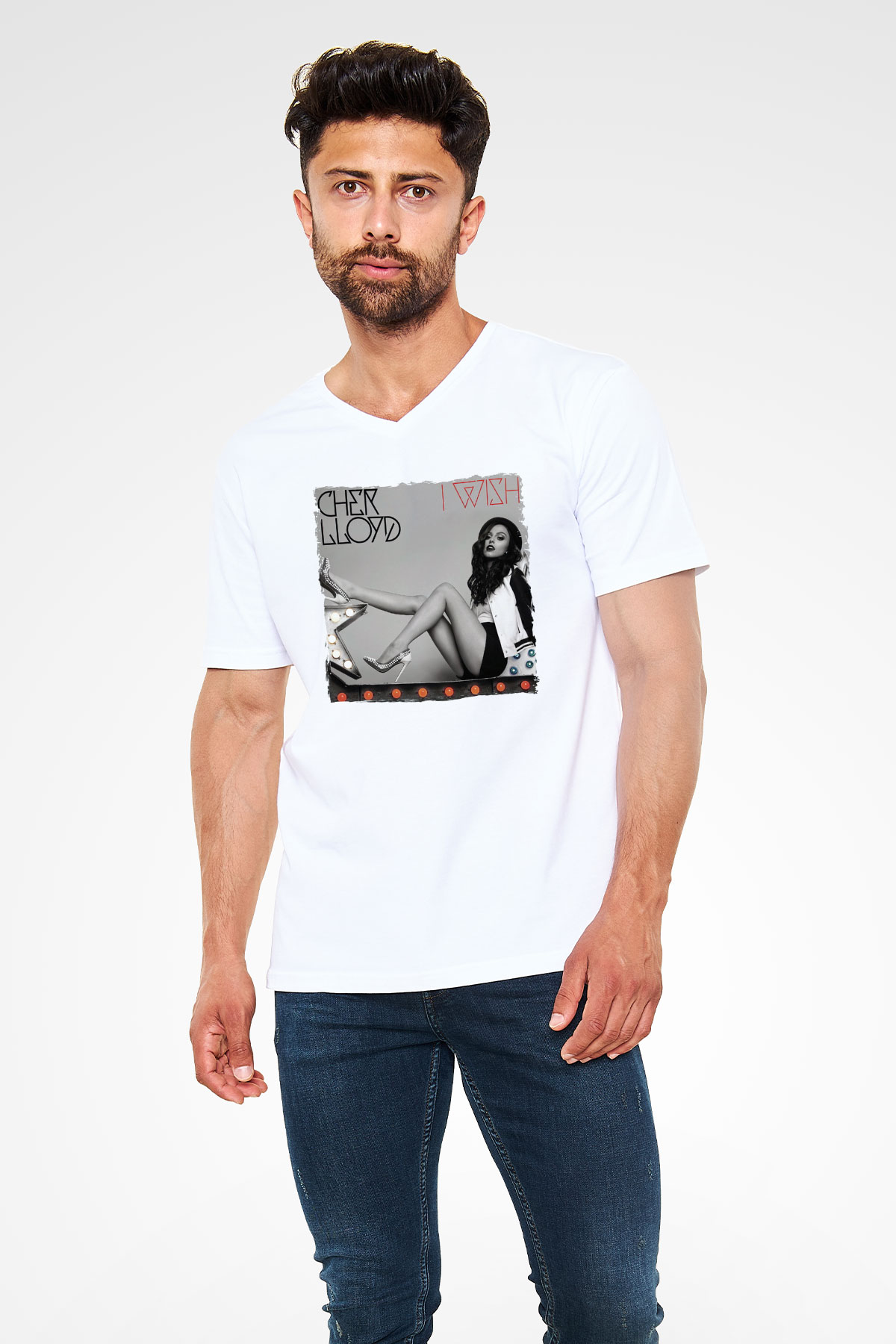 Cher Lloyd Beyaz Unisex V Yaka Tişört