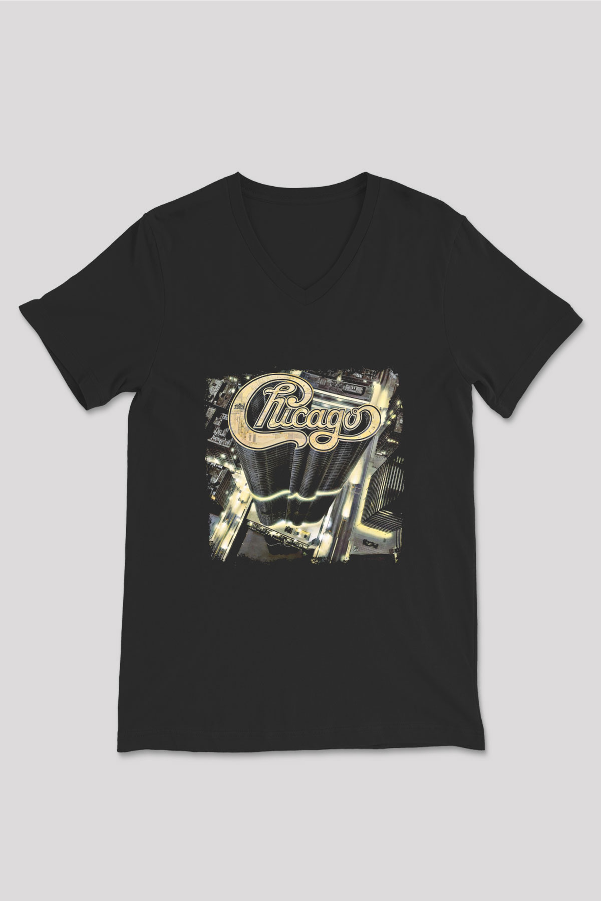 Chicago Baskılı Unisex Siyah V Yaka Tişört
