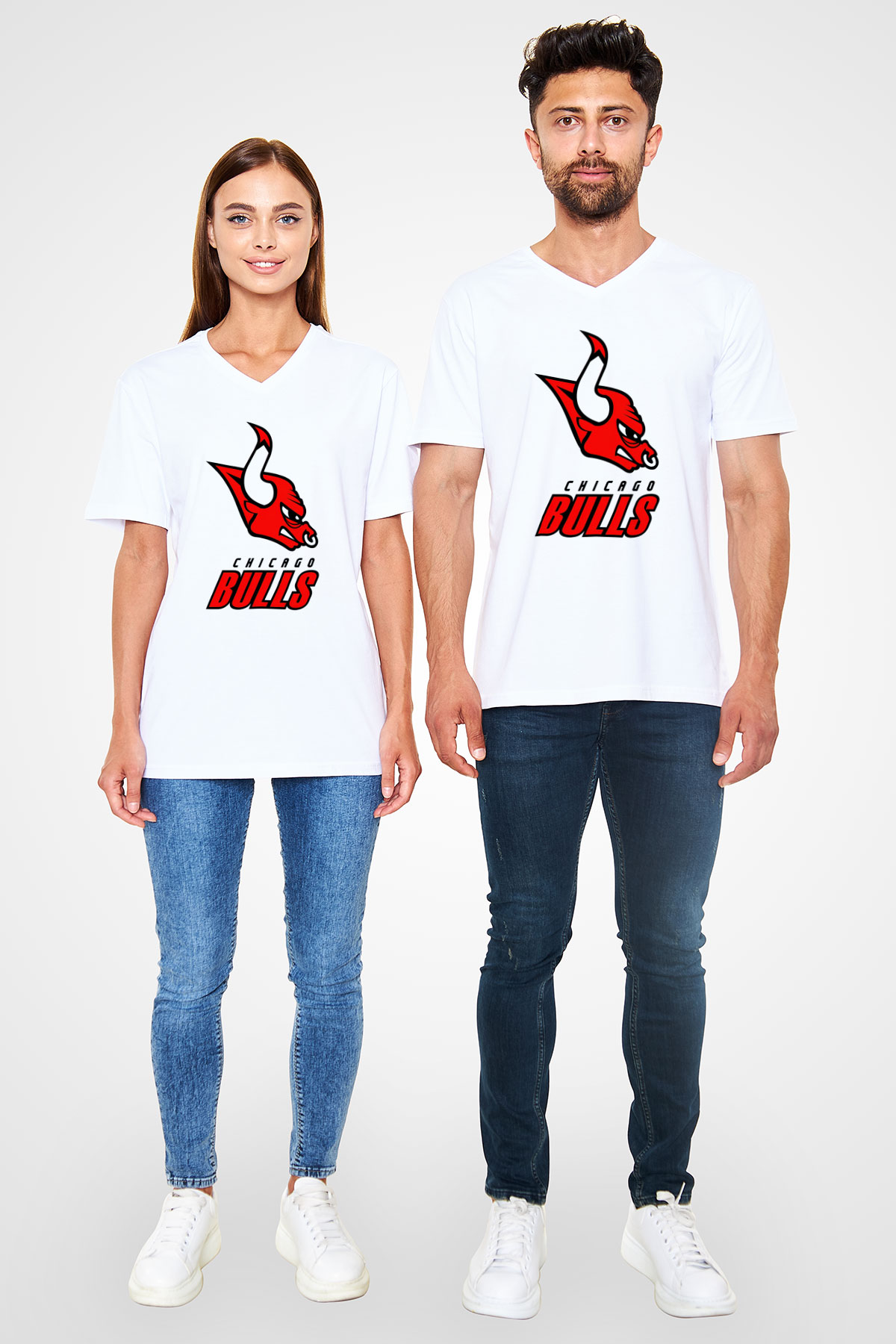 Chicago Bulls Beyaz Unisex V Yaka Tişört T-Shirt