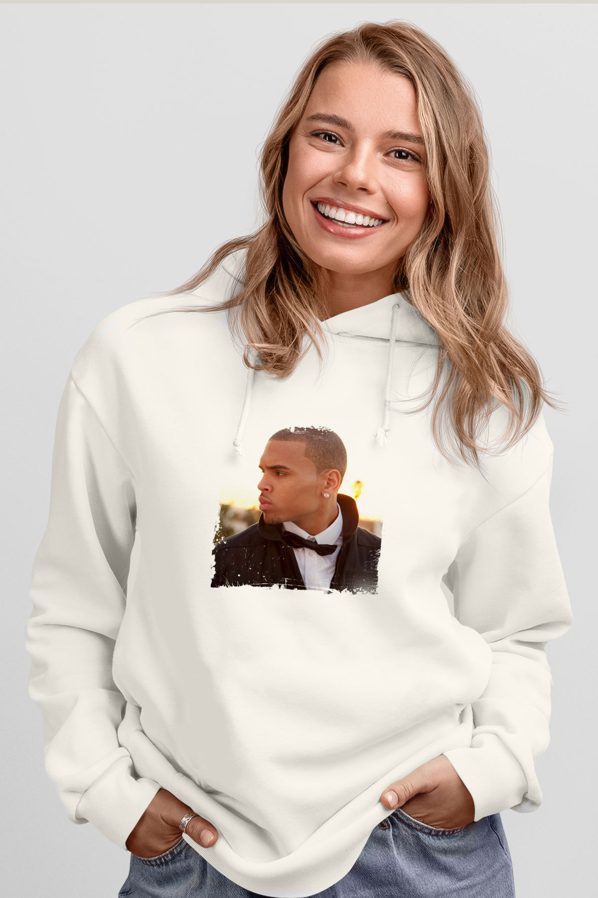 Chris Brown Baskılı Unisex Beyaz Kapüşonlu Sweatshirt