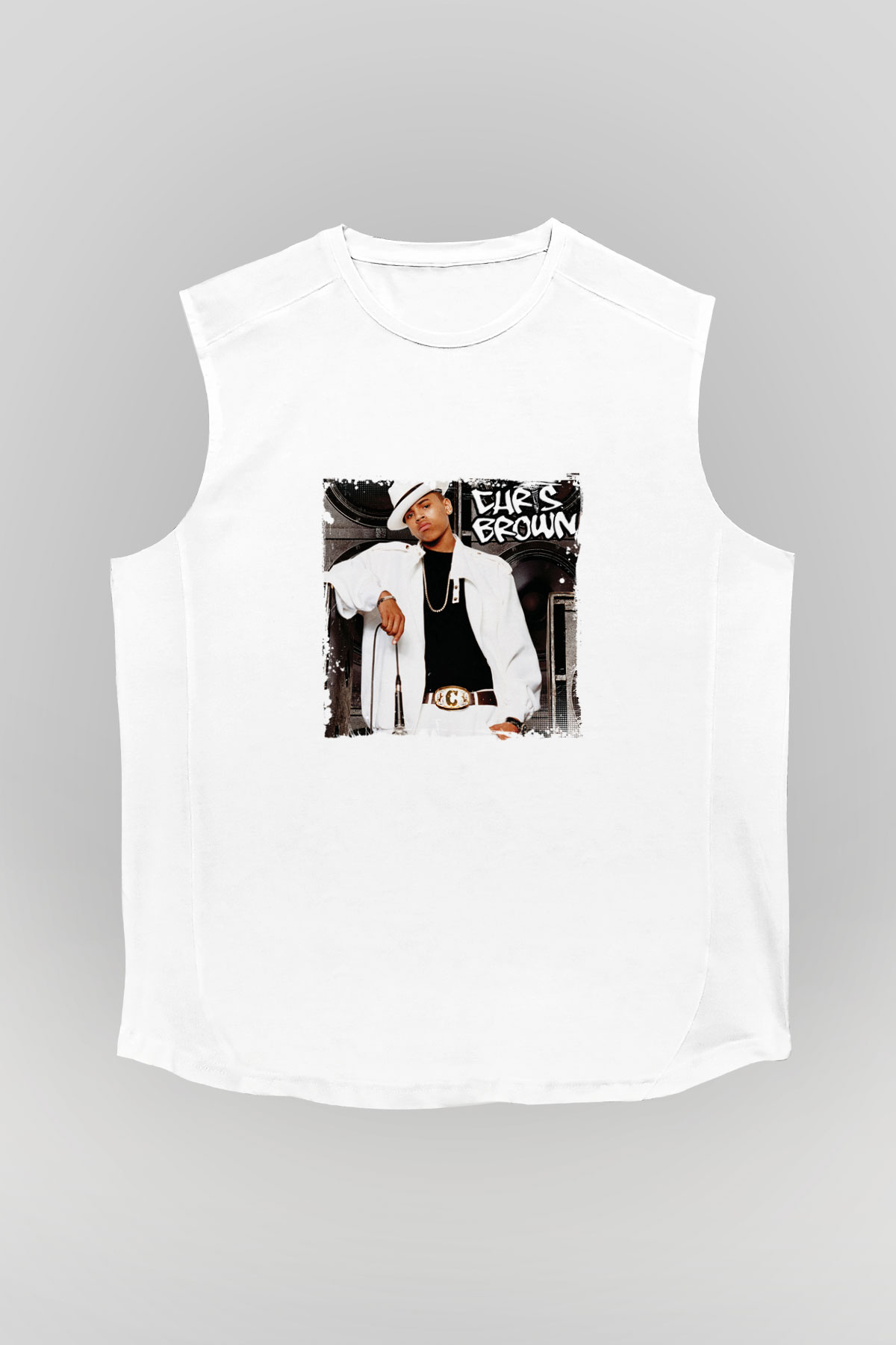 Chris Brown Baskılı Unisex Beyaz Kolsuz Tişört