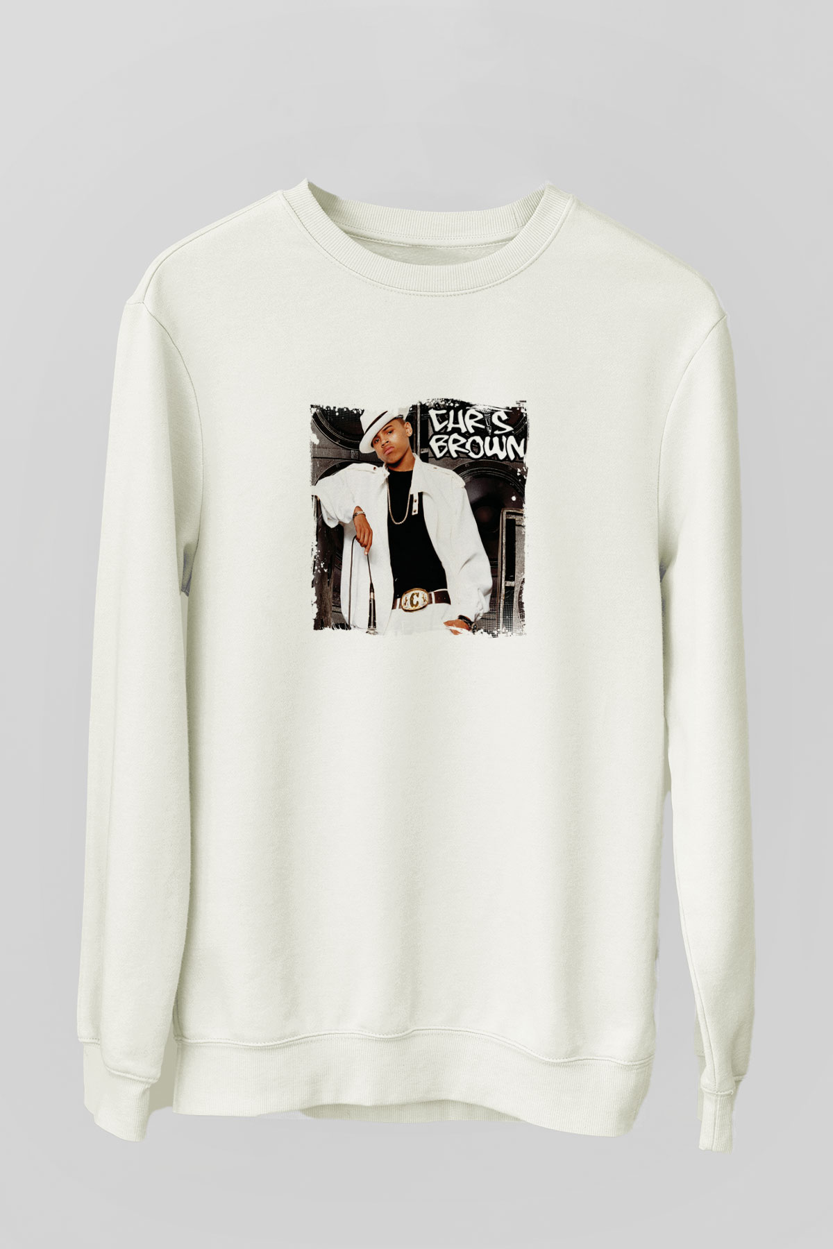 Chris Brown Baskılı Unisex Beyaz Sweatshirt