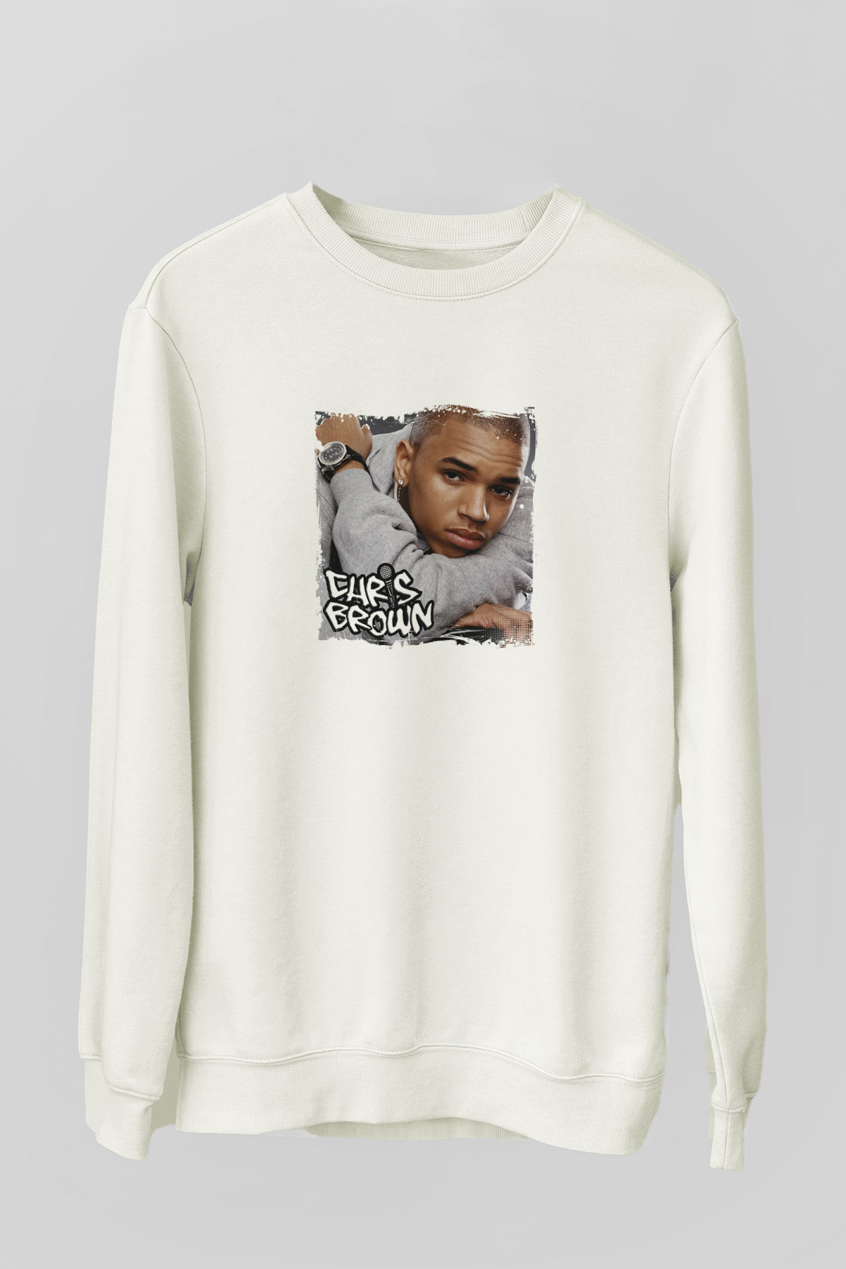 Chris Brown Baskılı Unisex Beyaz Sweatshirt