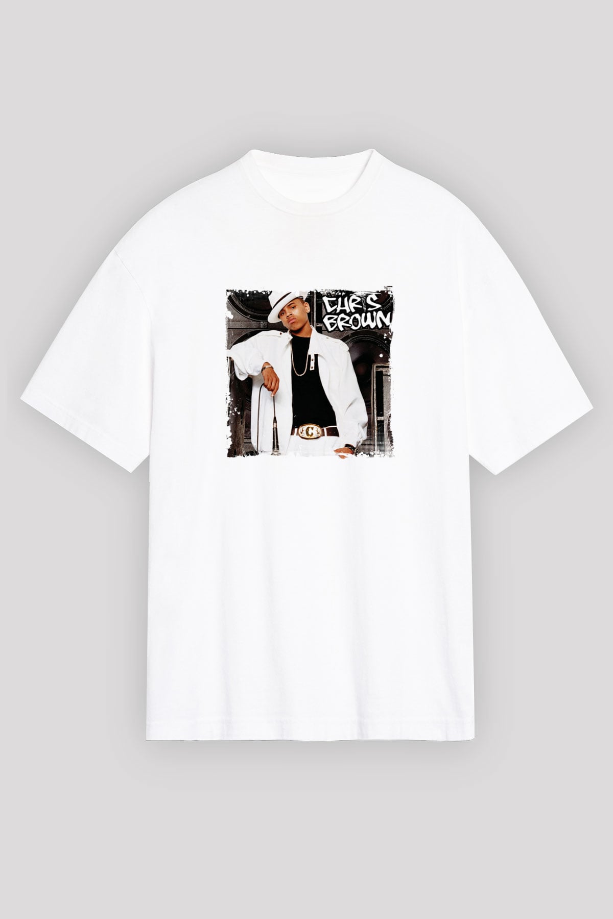 Chris Brown Baskılı Oversize Beyaz Tişört