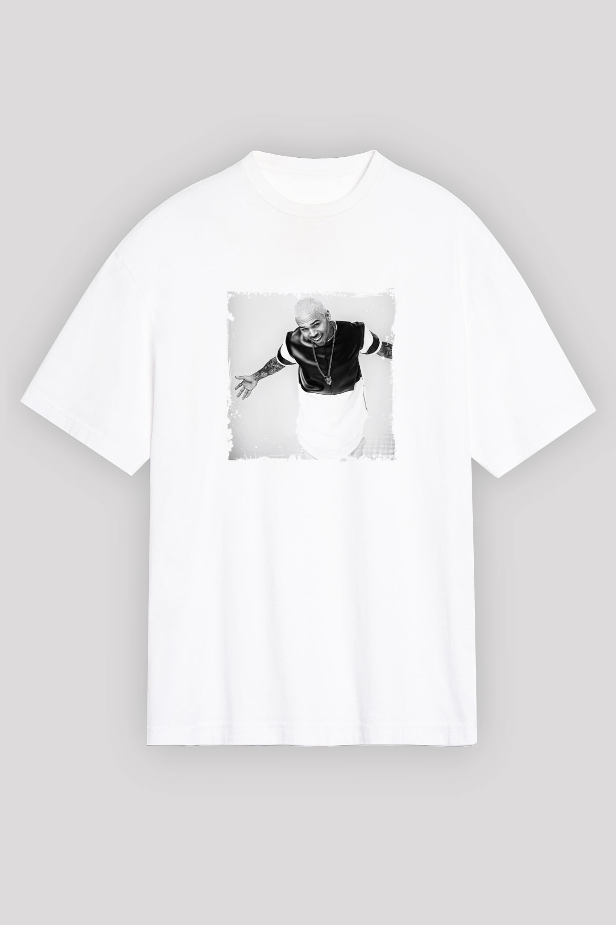 Chris Brown Baskılı Oversize Beyaz Tişört