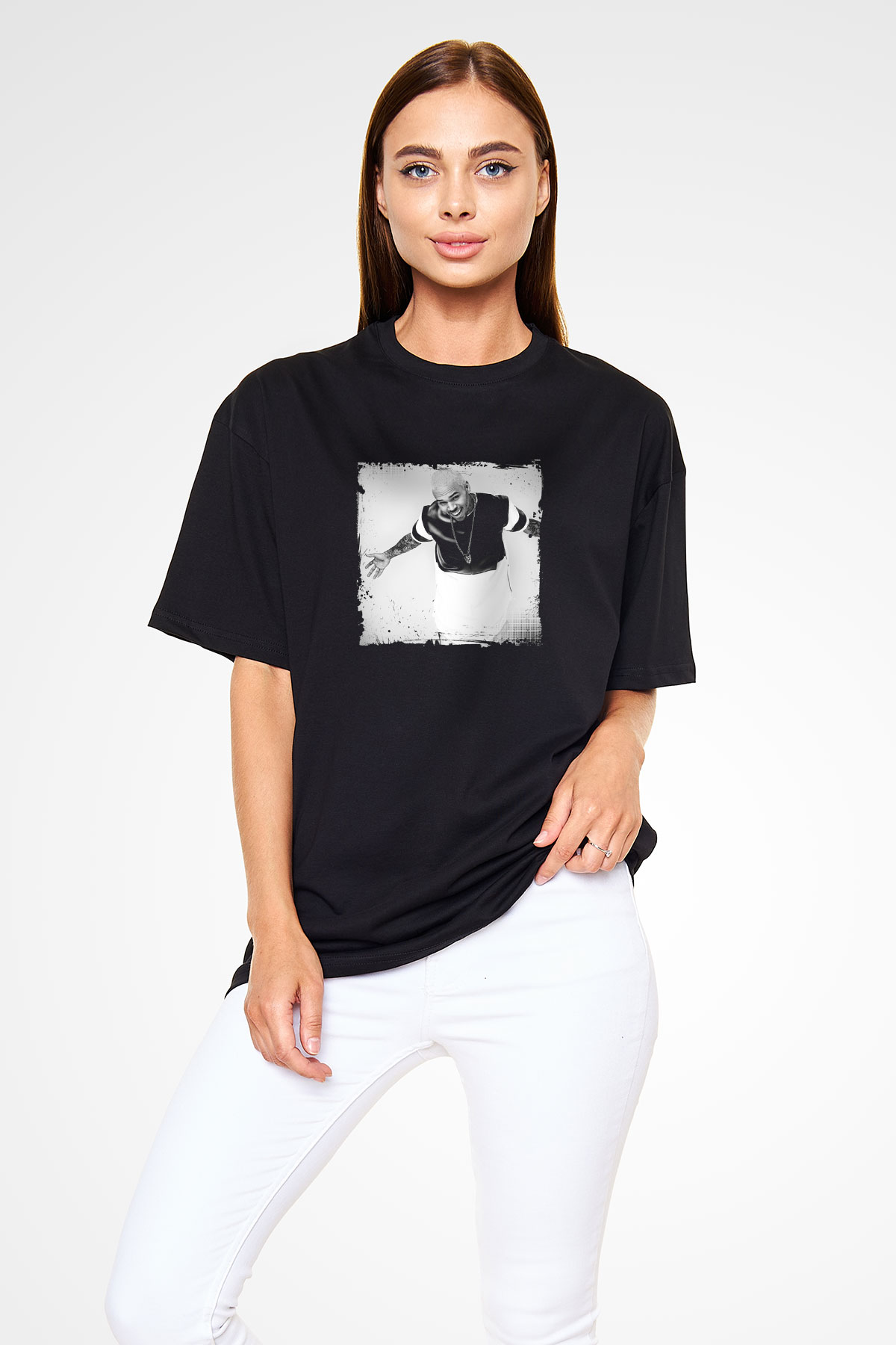 Chris Brown Baskılı Unisex Oversize Siyah Tişört