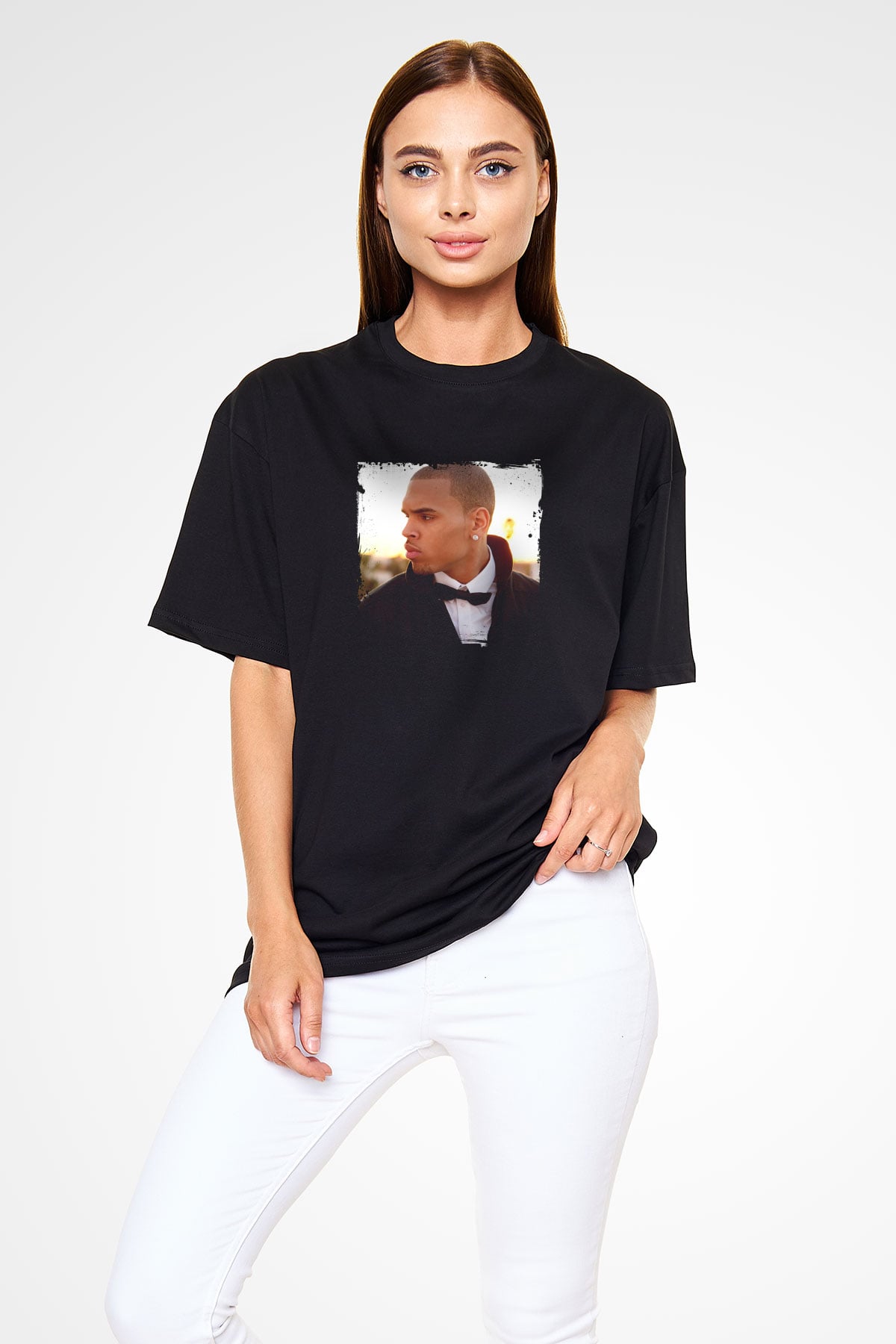 Chris Brown Baskılı Unisex Oversize Siyah Tişört