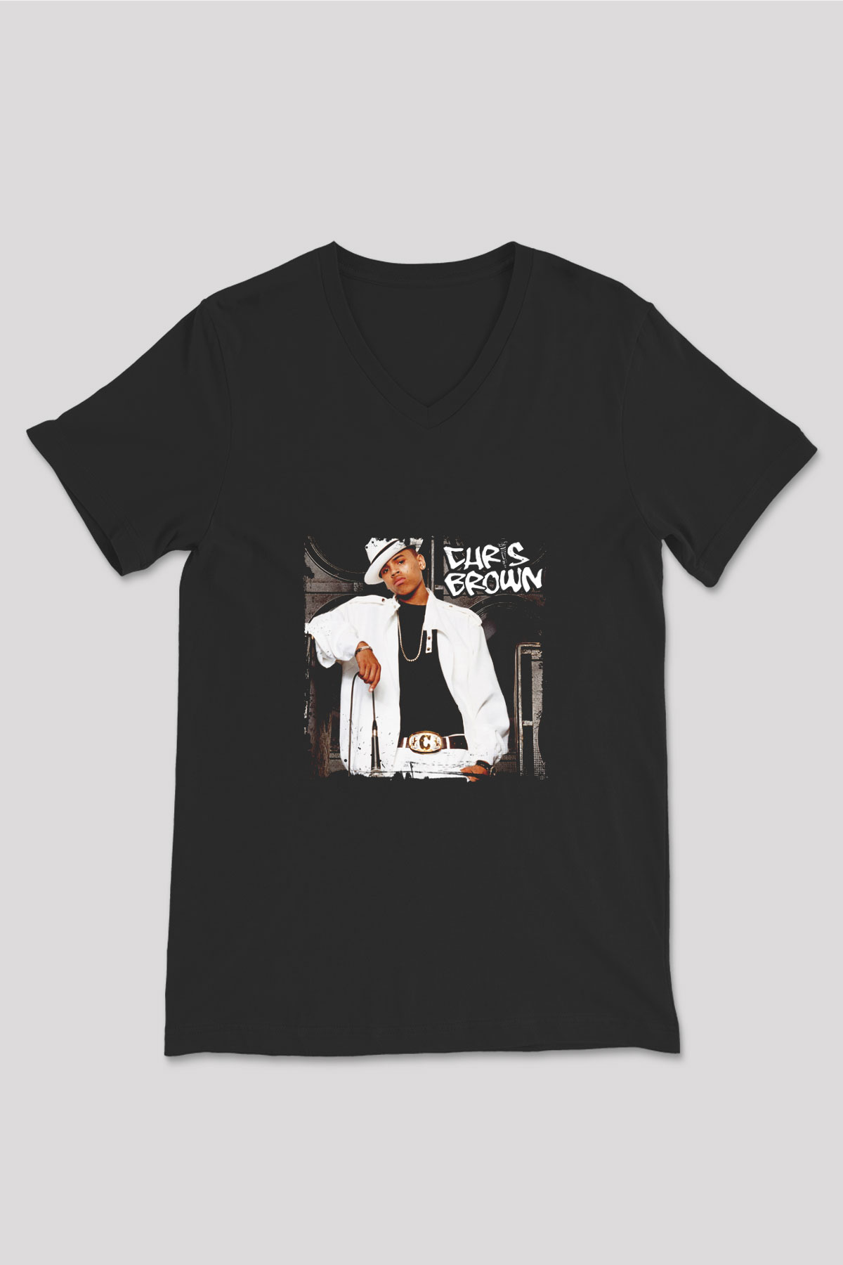 Chris Brown Baskılı Unisex Siyah V Yaka Tişört