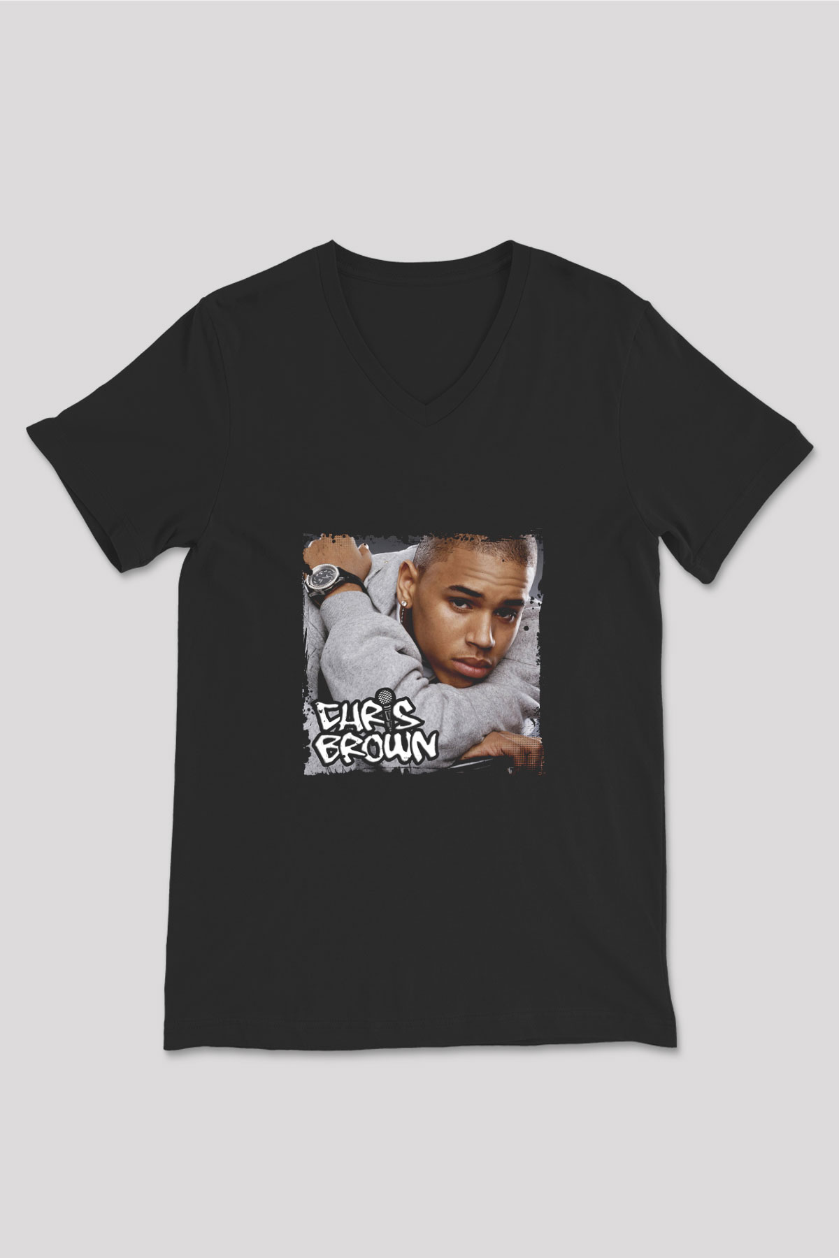Chris Brown Baskılı Unisex Siyah V Yaka Tişört