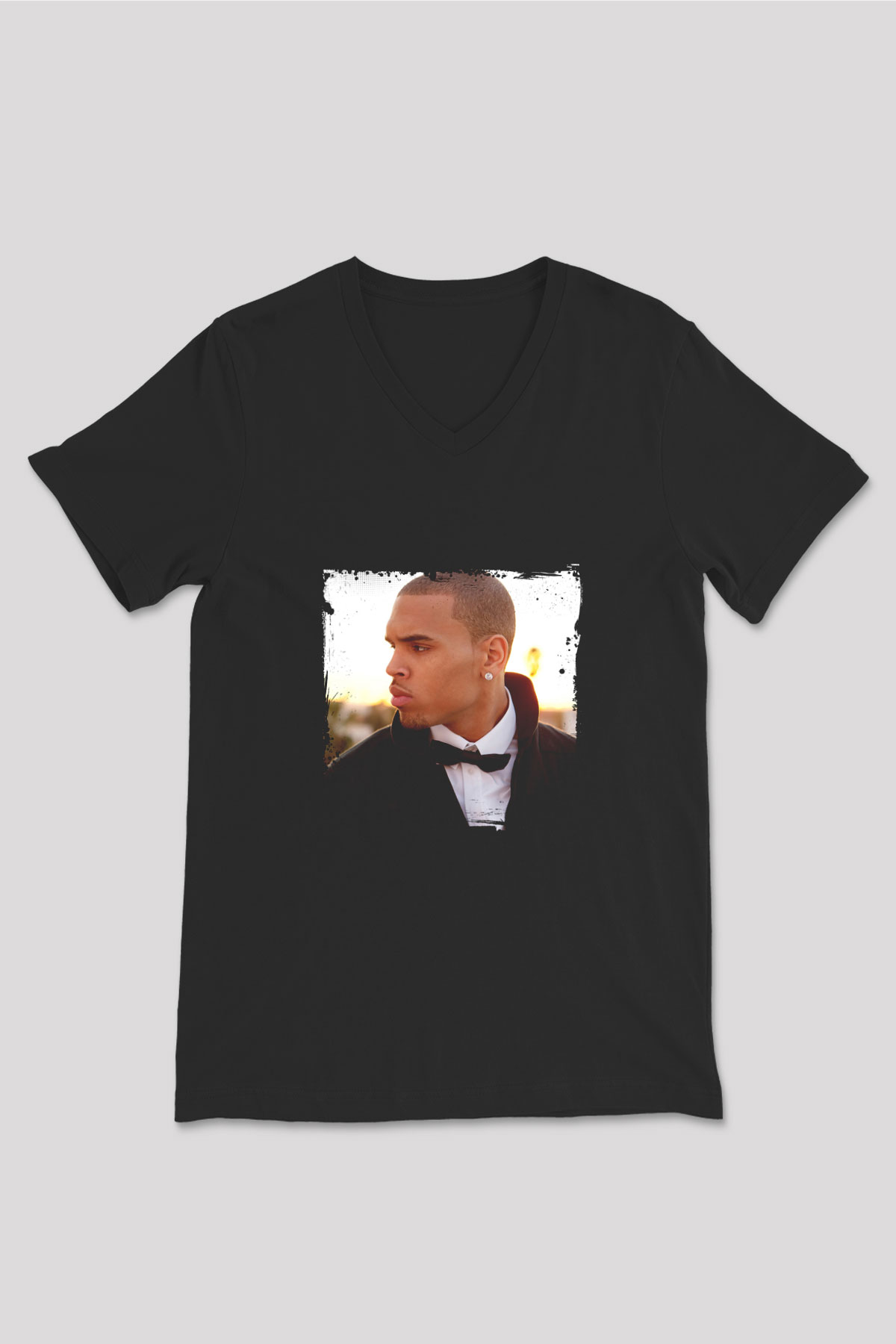 Chris Brown Baskılı Unisex Siyah V Yaka Tişört