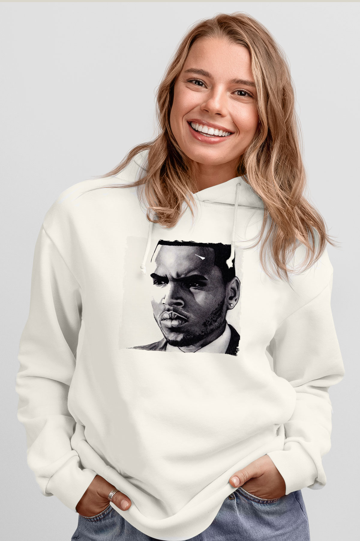 Chris Brown Beyaz Unisex Kapüşonlu Sweatshirt