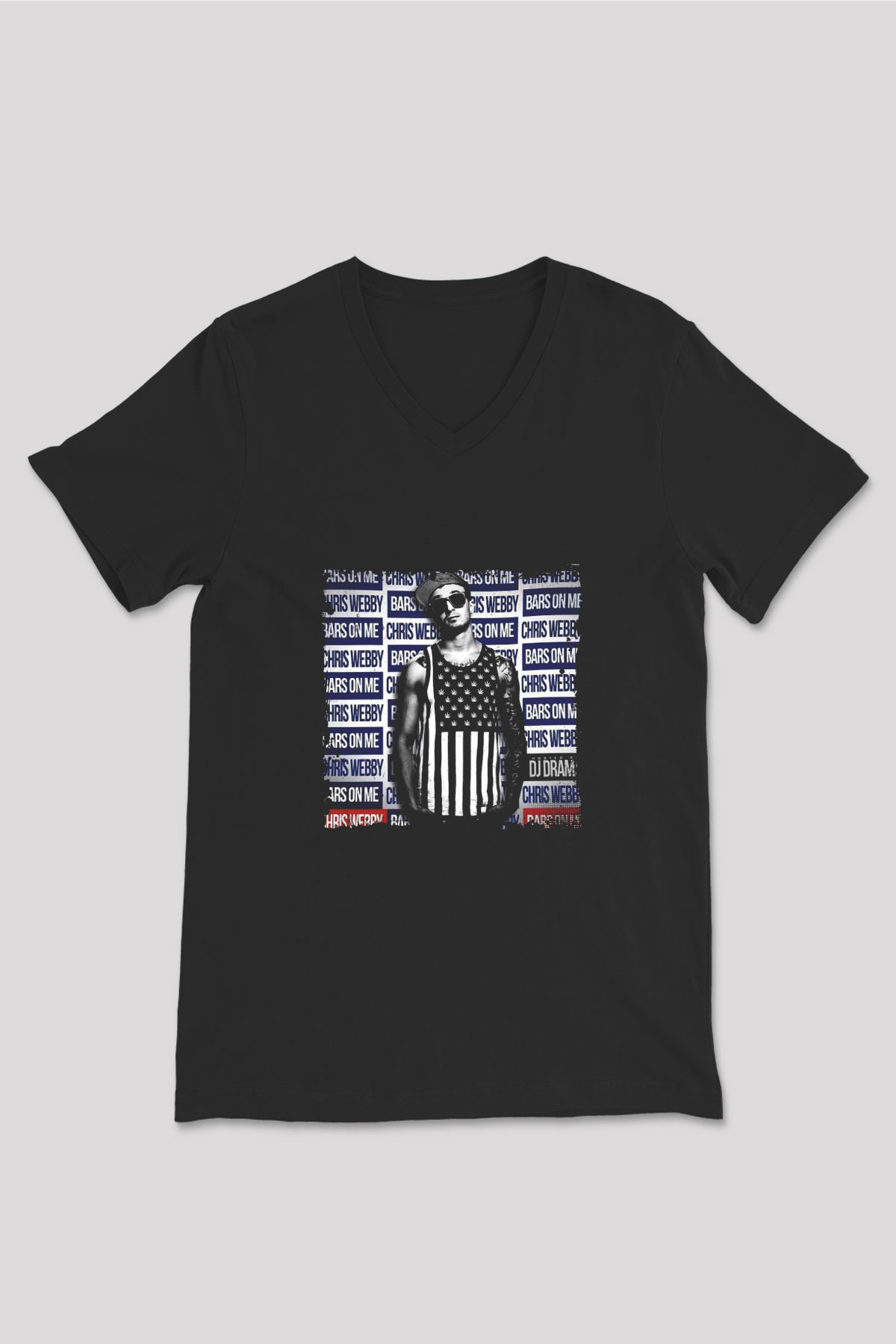 Chris Webby Baskılı Unisex Siyah V Yaka Tişört