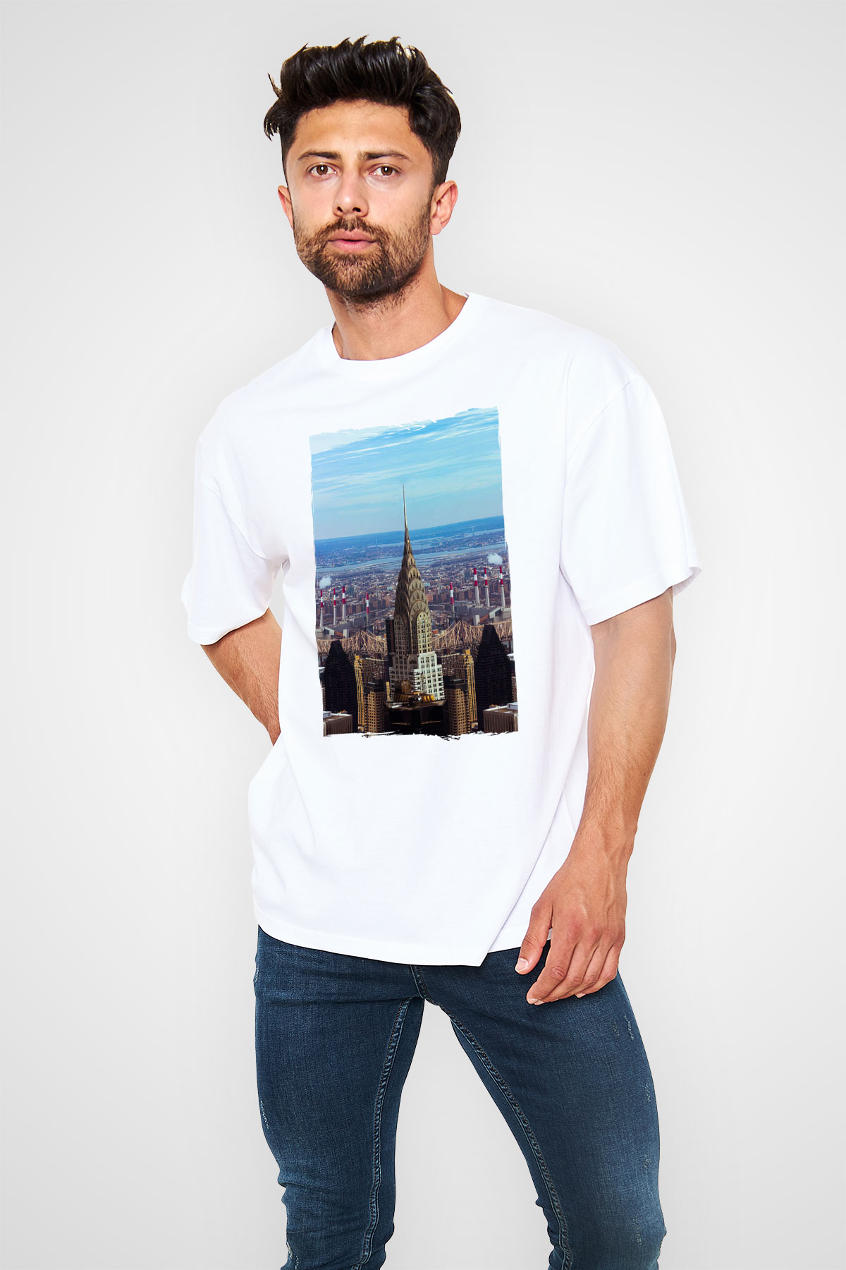 Chrysler Binası Beyaz Oversize Tişört Oversize T-shirt - TişörtFabrikası