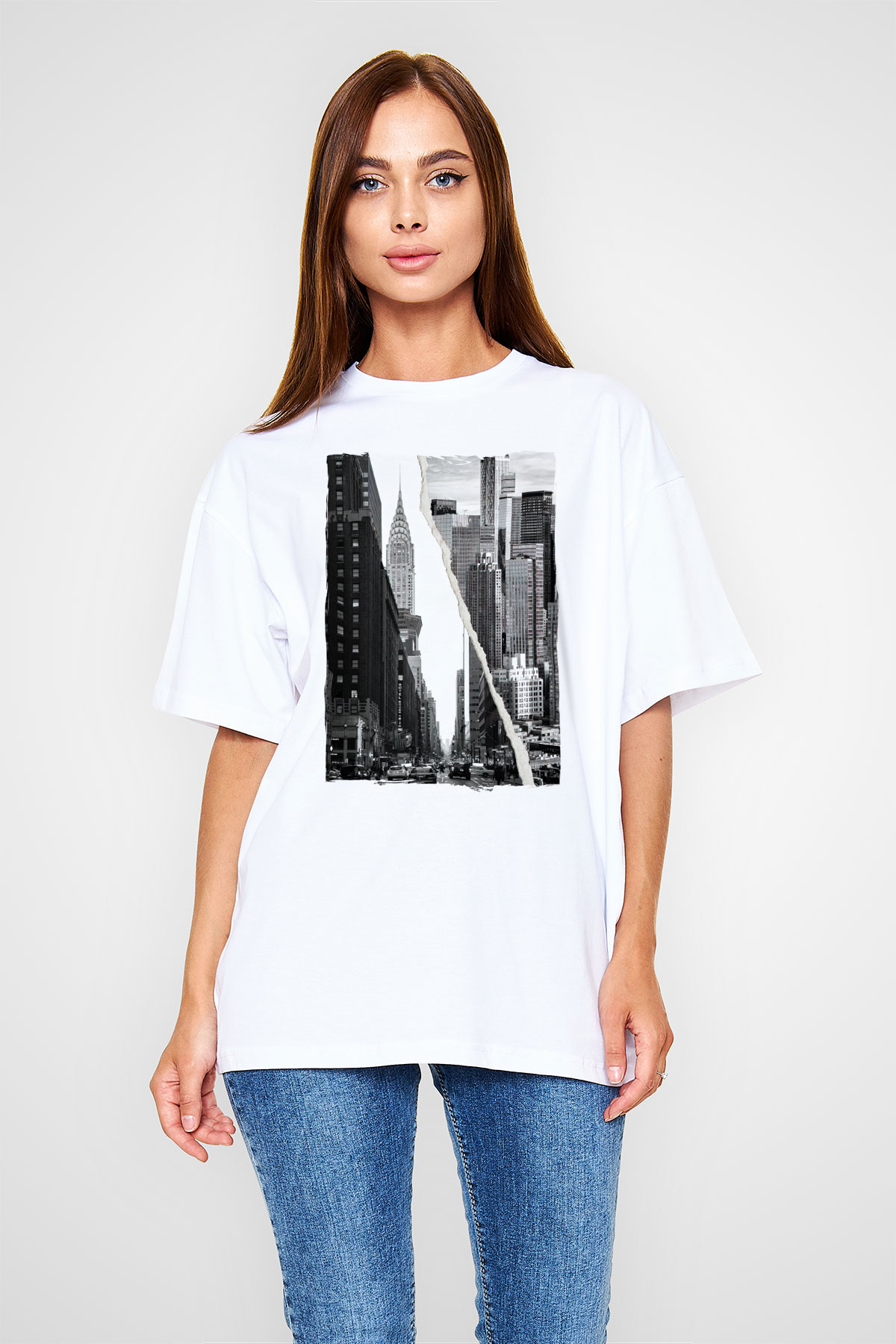Chrysler Binası Beyaz Oversize Tişört Oversize T-shirt - TişörtFabrikası