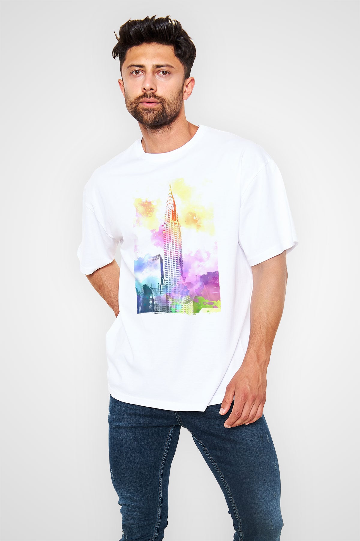 Chrysler Binası Beyaz Oversize Tişört Oversize T-shirt - TişörtFabrikası