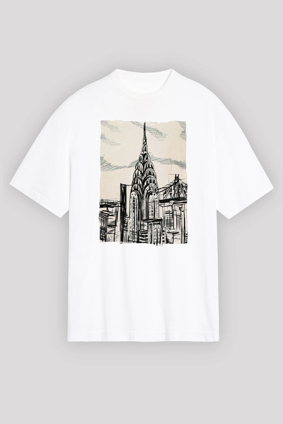 Chrysler Binası Beyaz Oversize Tişört Oversize T-shirt - TişörtFabrikası